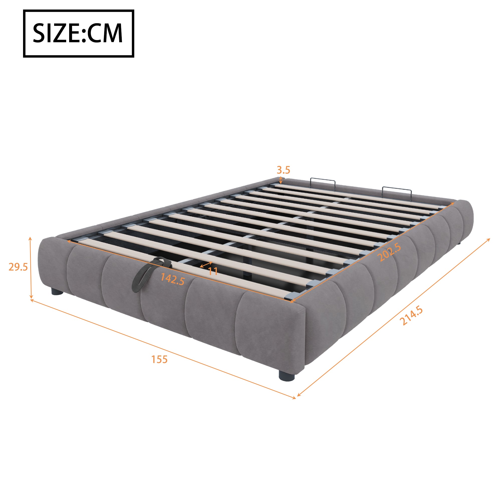 Upholstered Bed, 140x200cm LED Floating with Storage, Grey