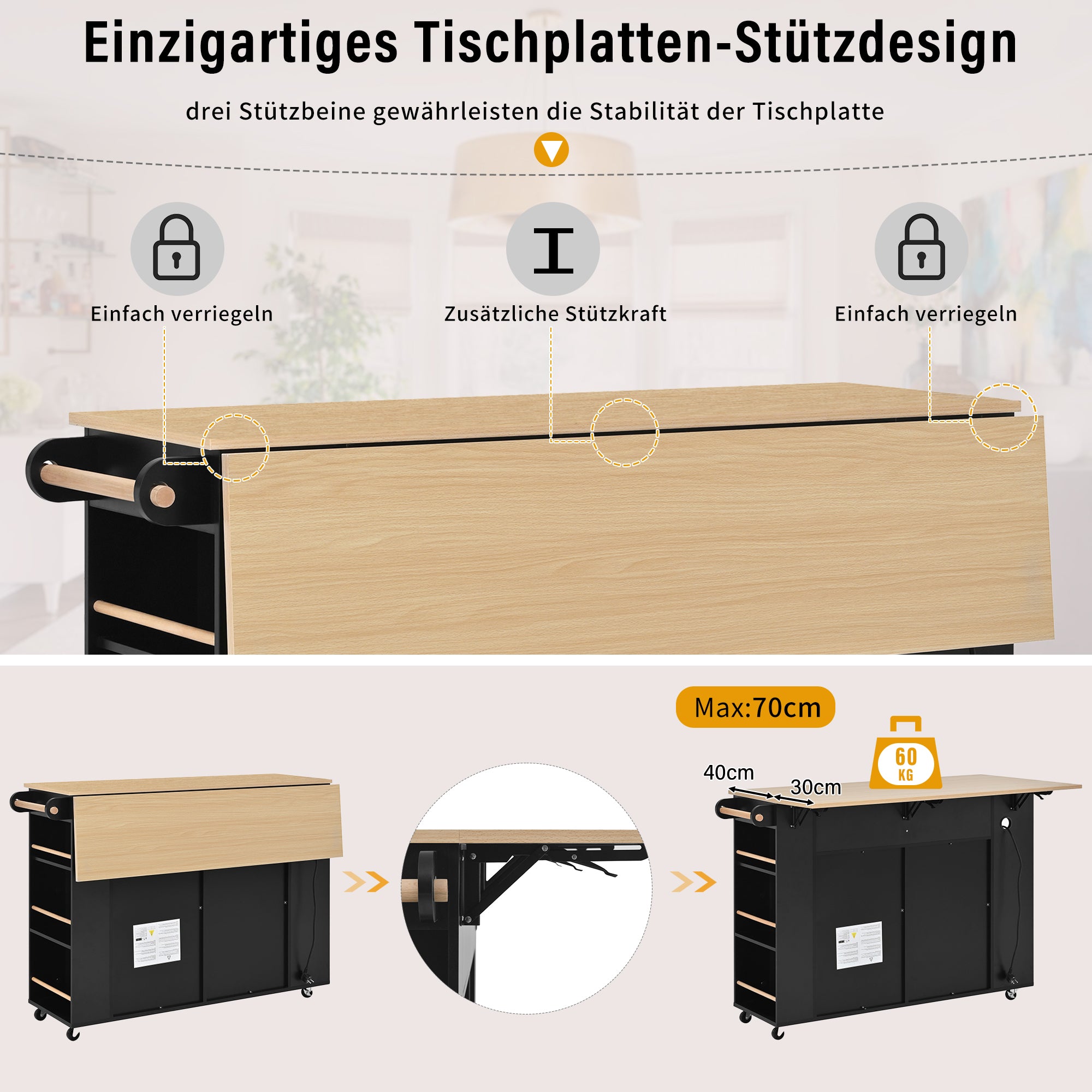 Kitchen Island Mobile Serving Cart Extendable Table Wheels Waste Bin Power Strips Black