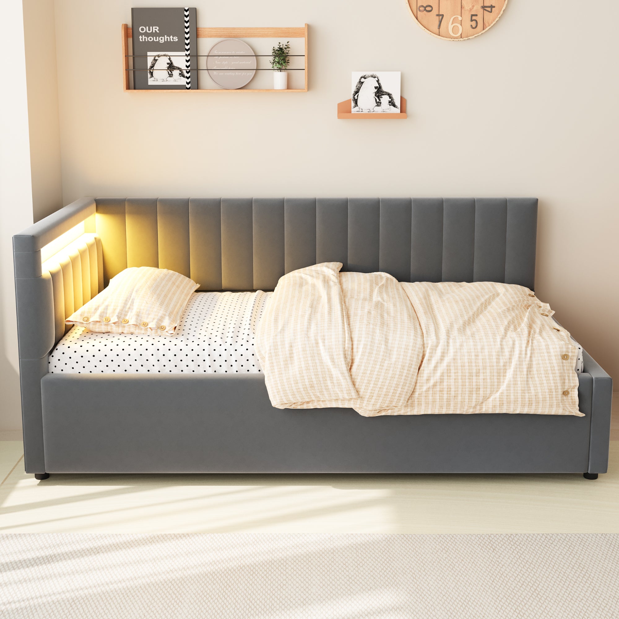 Upholstered Sofa Bed 90x200, with LED & Hydraulic Storage, Velvet Grey