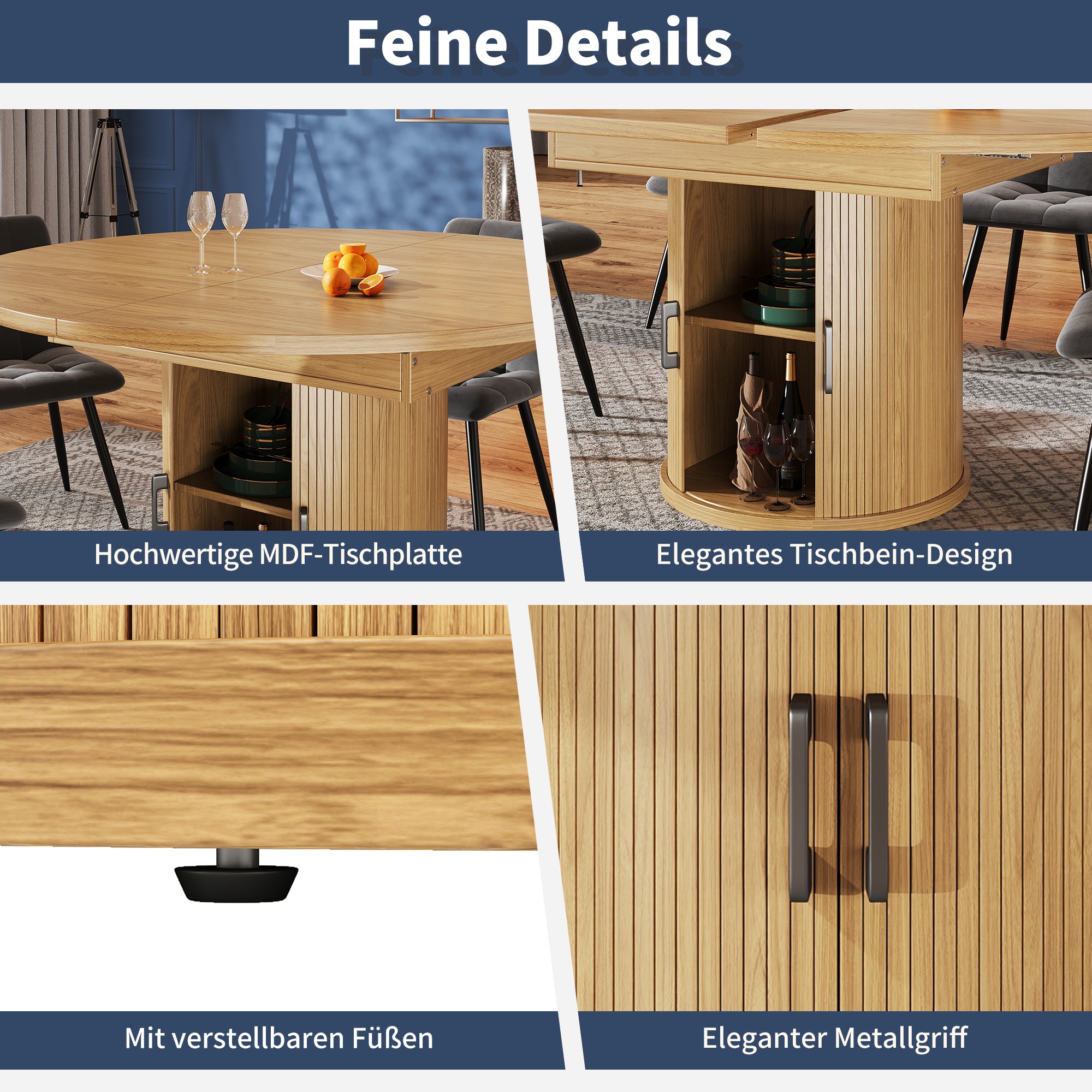 Extendable Round Dining Table, Oval Extension for 6 People, Wood Color