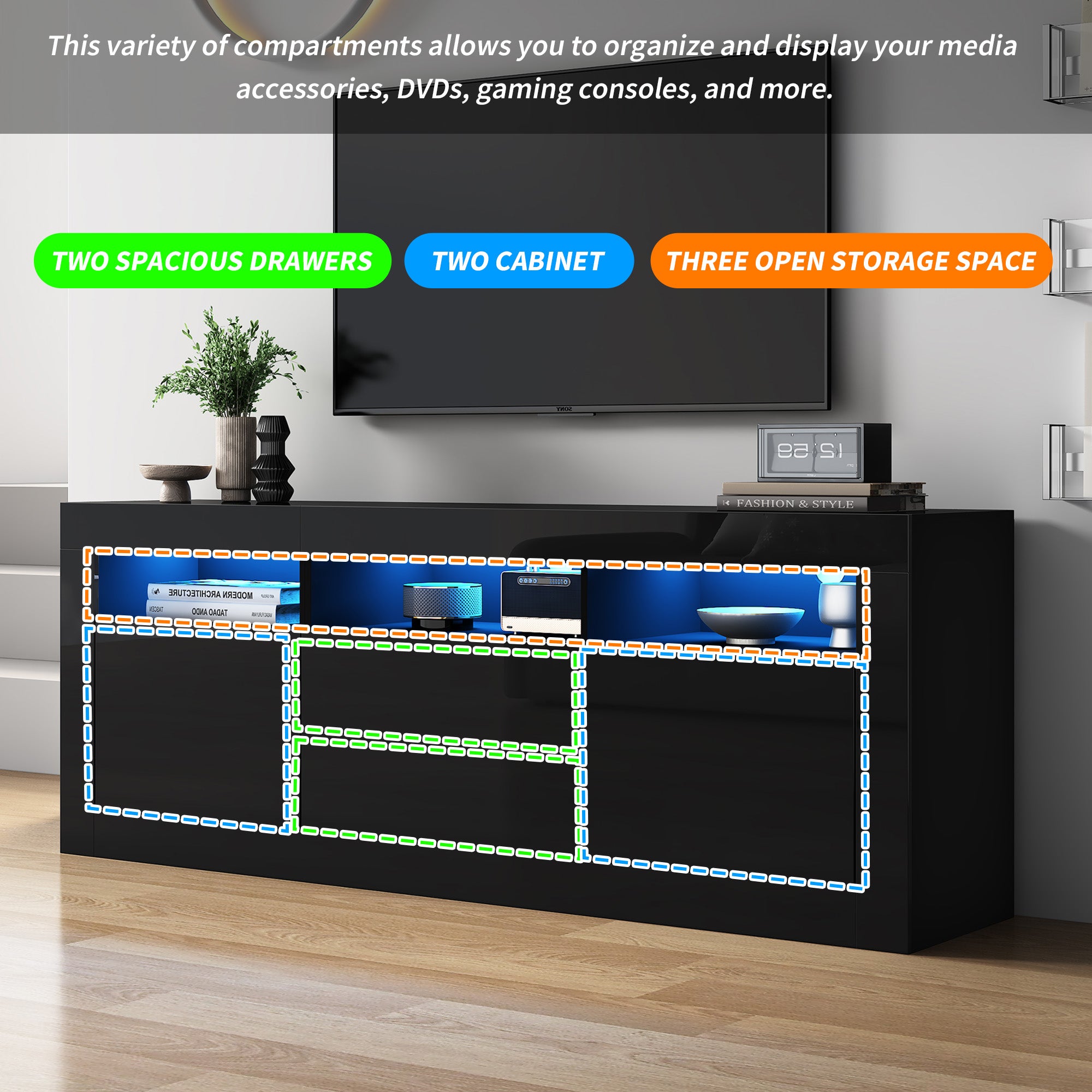TV Cabinet, 160x35x60cm LED Lighting, 3 Open, 2 Door, 2 Drawer, Smart App Control, for 70-inch TVs, High Gloss