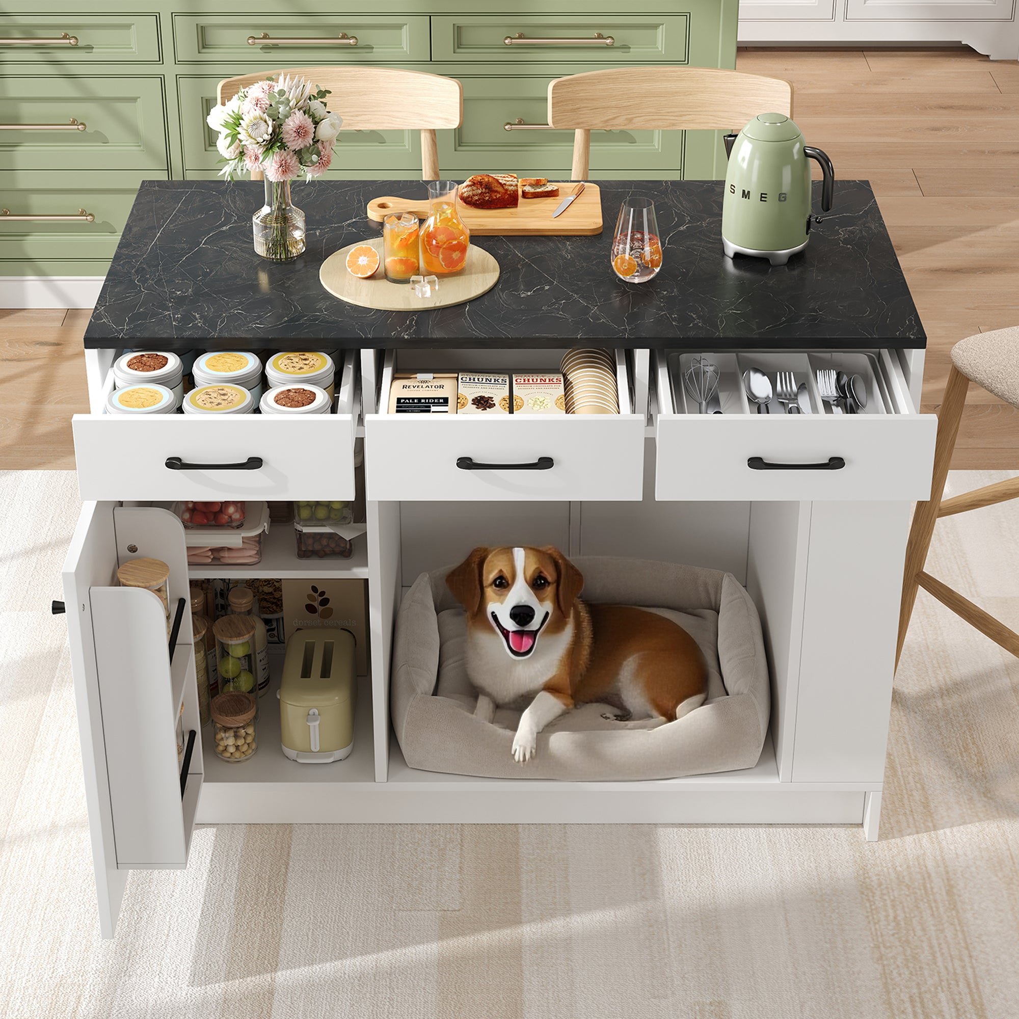 Kitchen Island with 3 Drawers Spice Rack Adjustable Shelf Pet Storage 120x60x90cm - White
