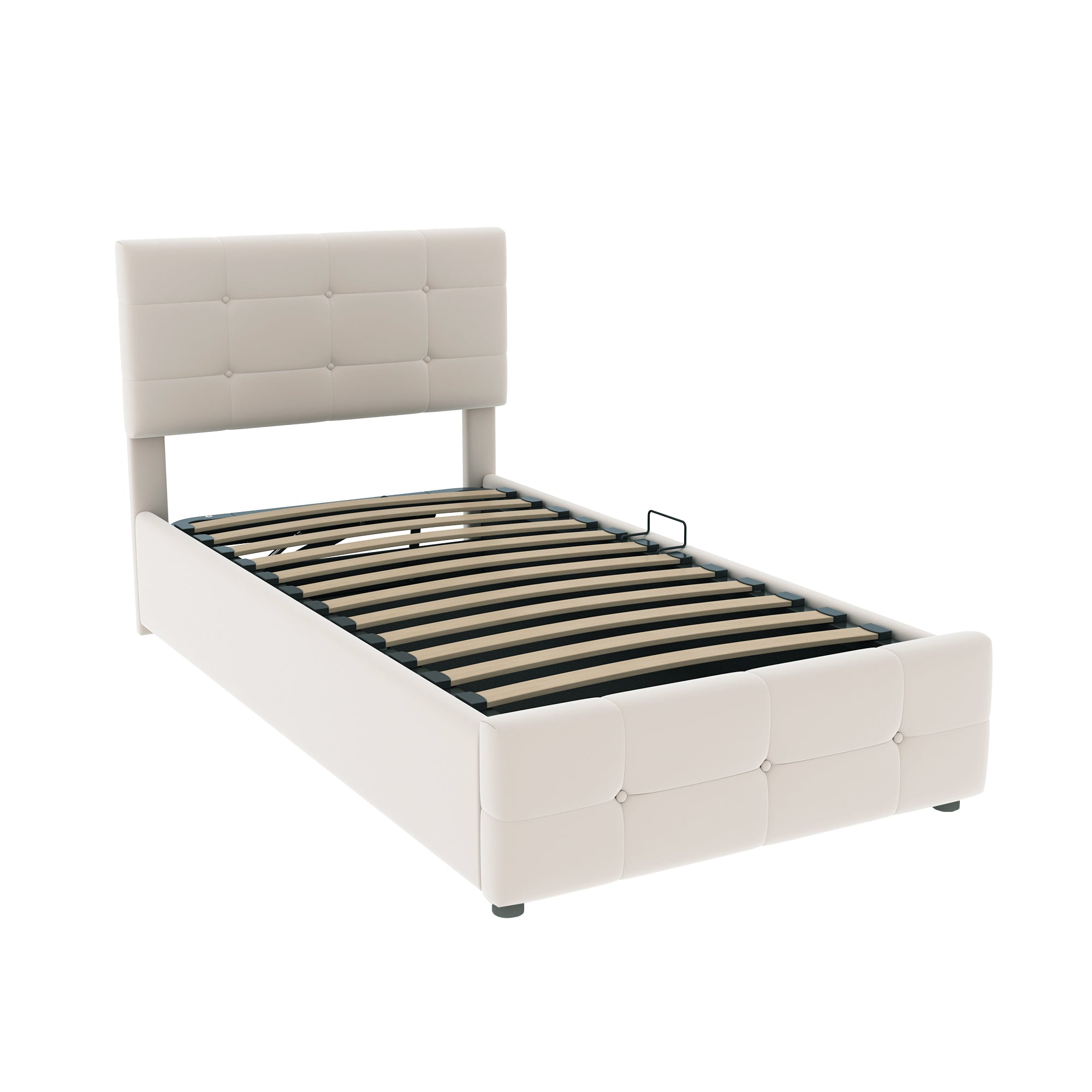 Upholstered Children's Bed 90x200cm, Hydraulic Storage, Adjustable Headboard, Velvet Beige