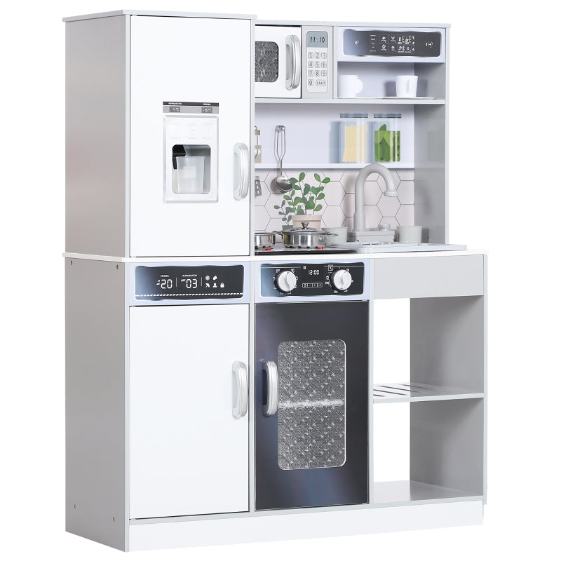 AIYAPLAY Play Kitchen Set, Stainless Steel Dishes, Stove, Sink with Water Circulation, Light & Sound Effects, White