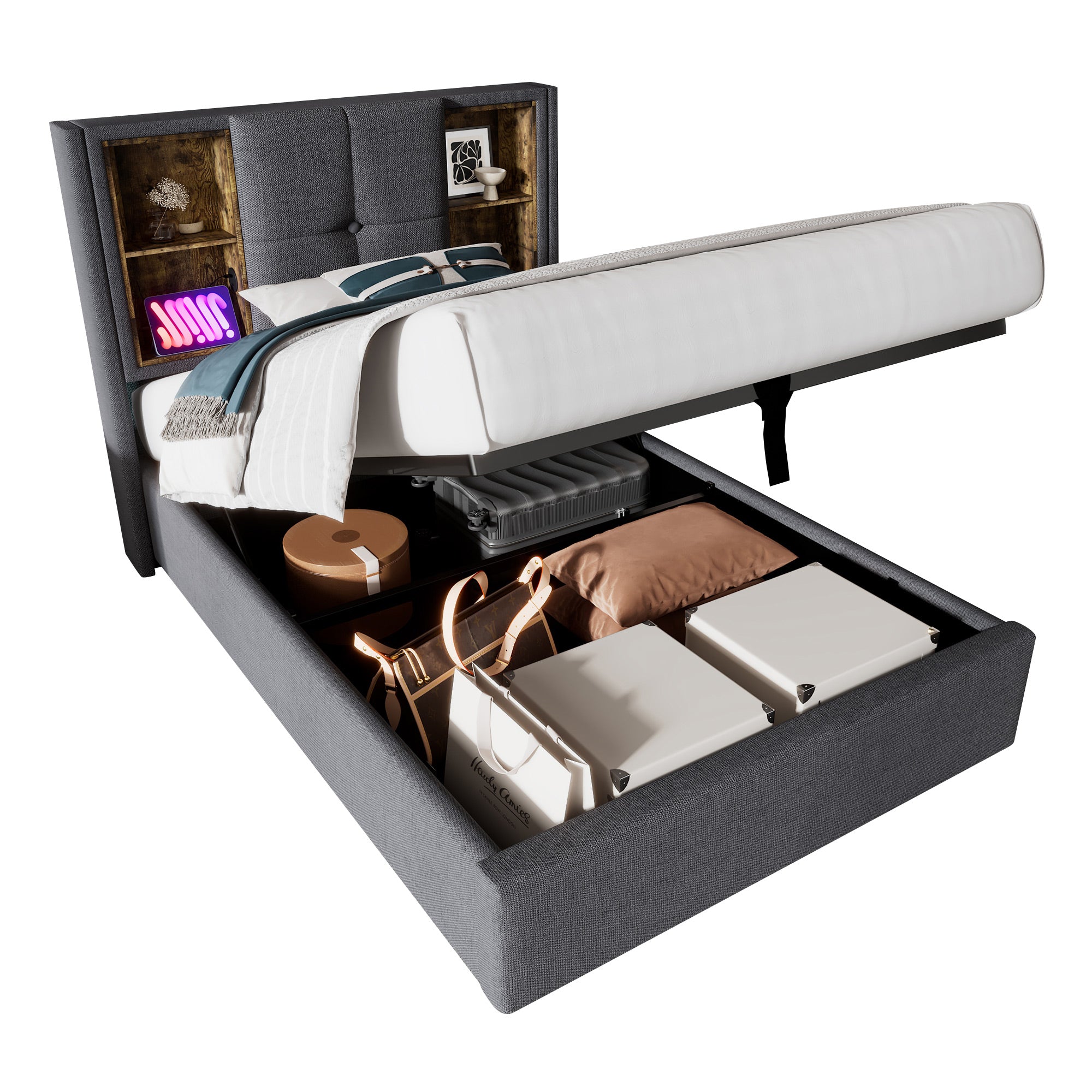 Single Bed with Wireless Charging & Storage, 90x200cm, Grey Cotton