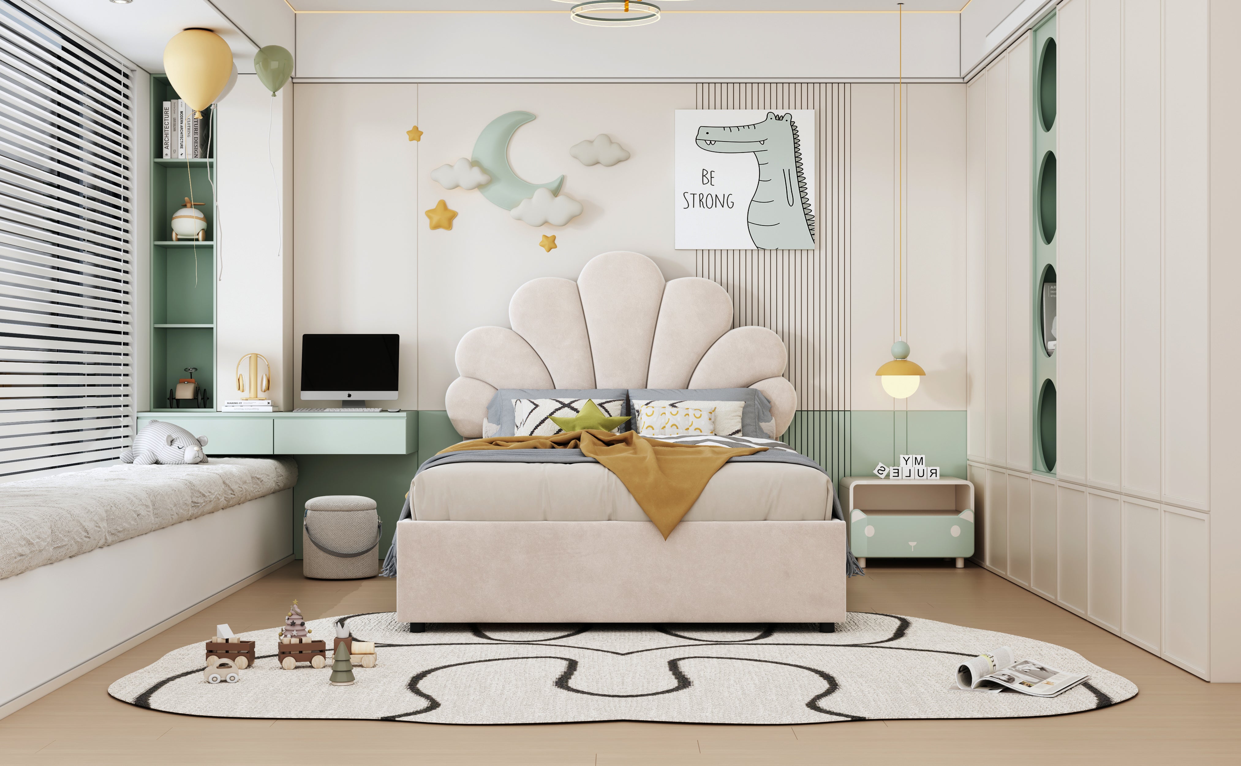 Upholstered Children's Bed 90x200cm Floral Hydraulic Storage Velvet Beige