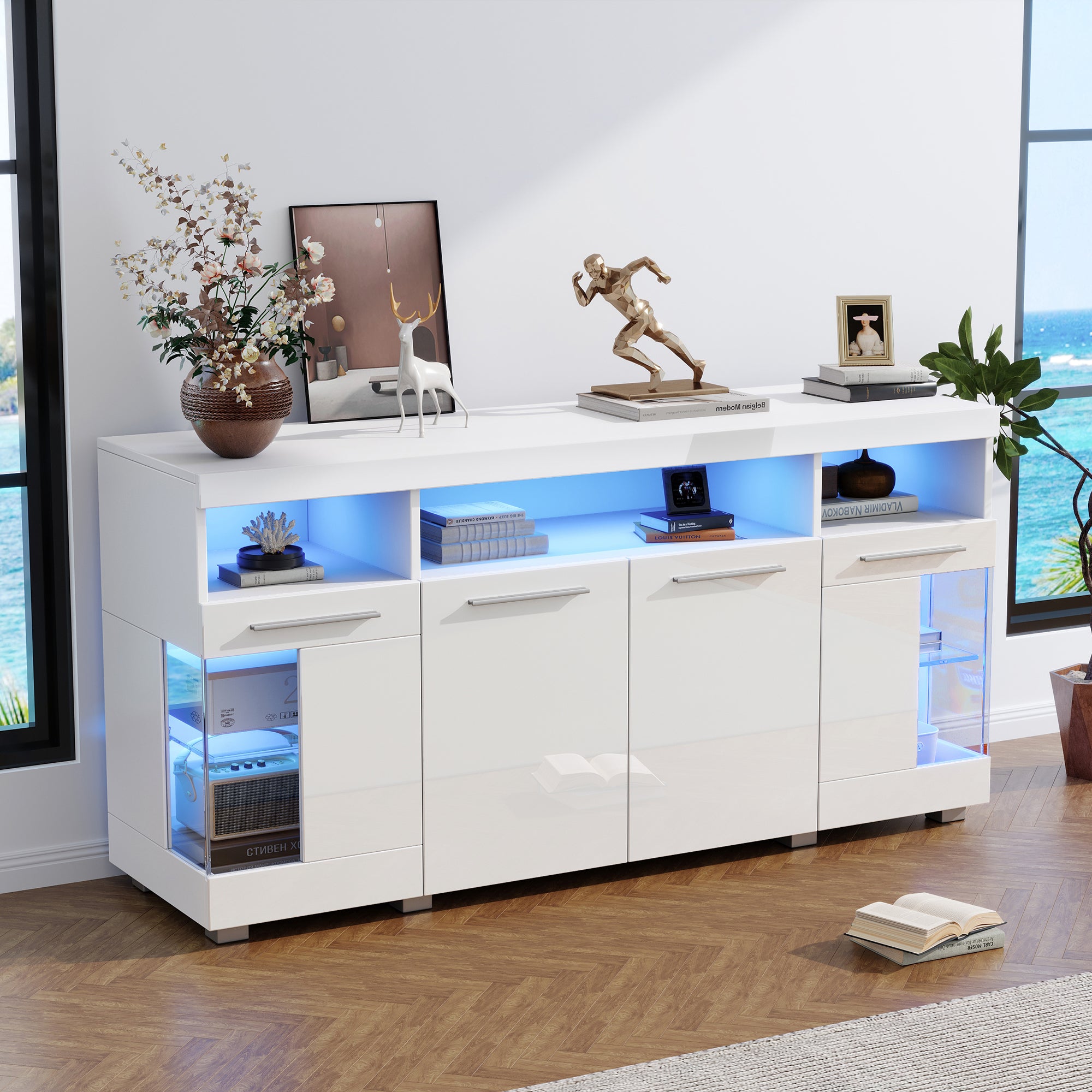 Side Table High-Gloss Sideboard 140x40x70cm LED Light 3 Compartments, White