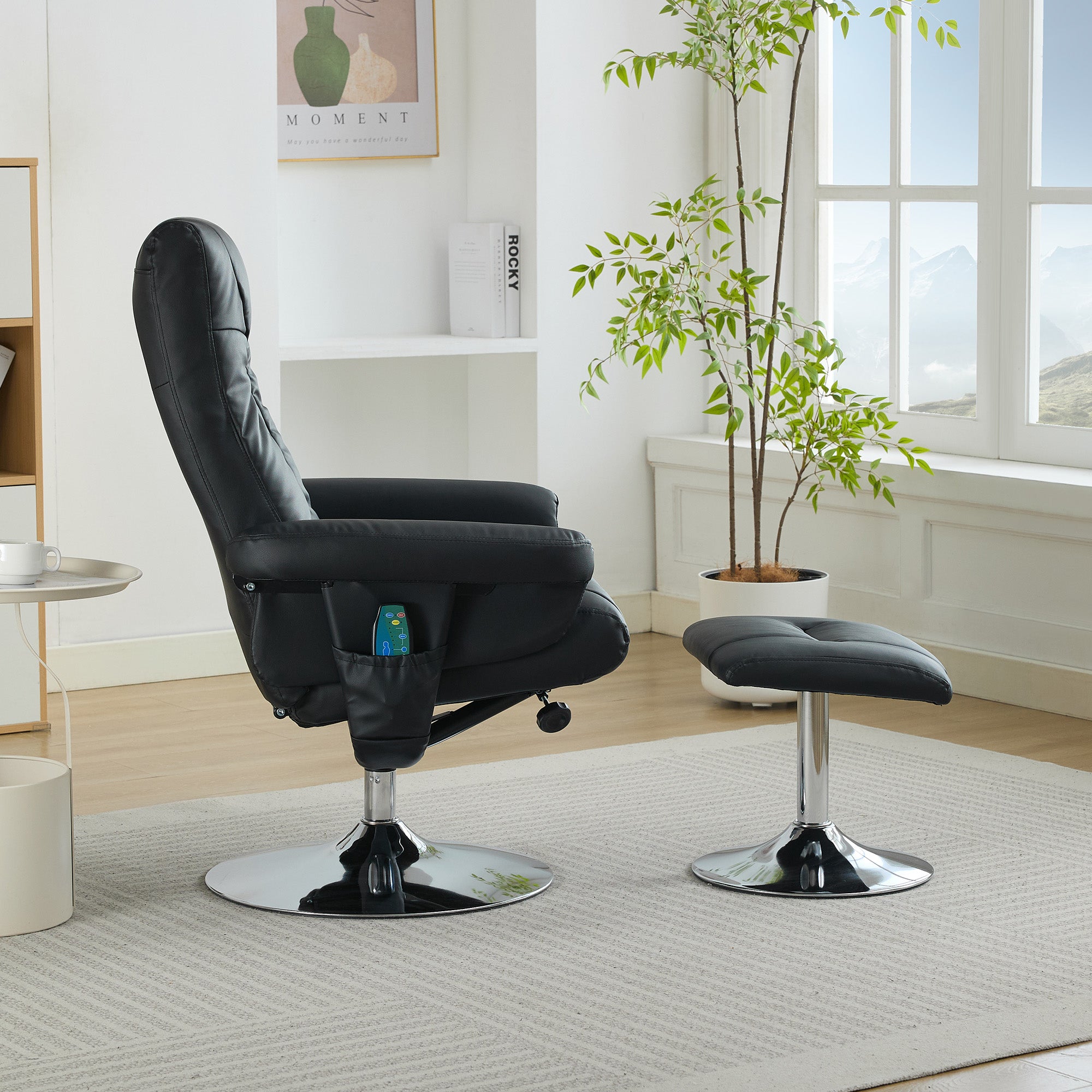 024 Recliner Chair, 5-Point Massage, Electric Heat & Footstool, 360° Swivel, Black PU Fabric