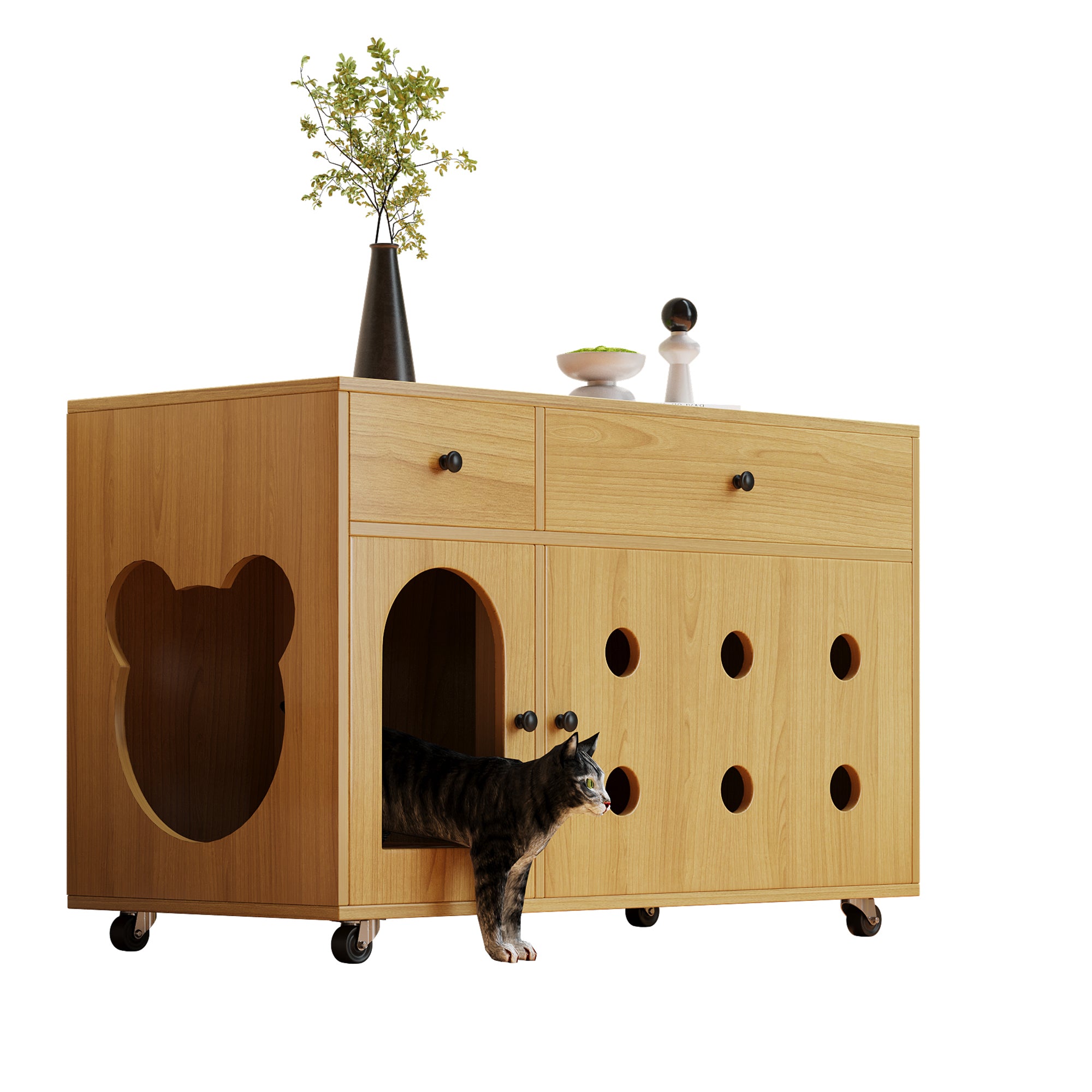 Cat Litter Box Cabinet, Removable Sand Drain, Odor-Insulated, 100x45x66 cm, Natural Wood/Yellow Maple Color
