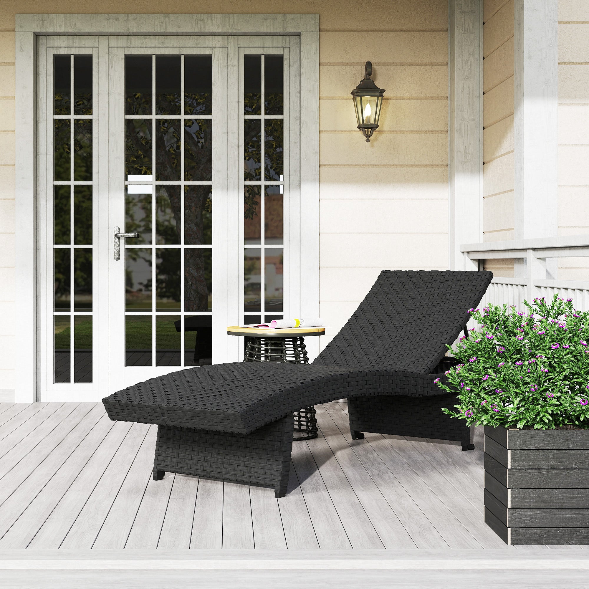 Outdoor PE Rattan Sun Lounger, Folding Recliner with 4-Level Adjustable Backrest & Wheels, Black