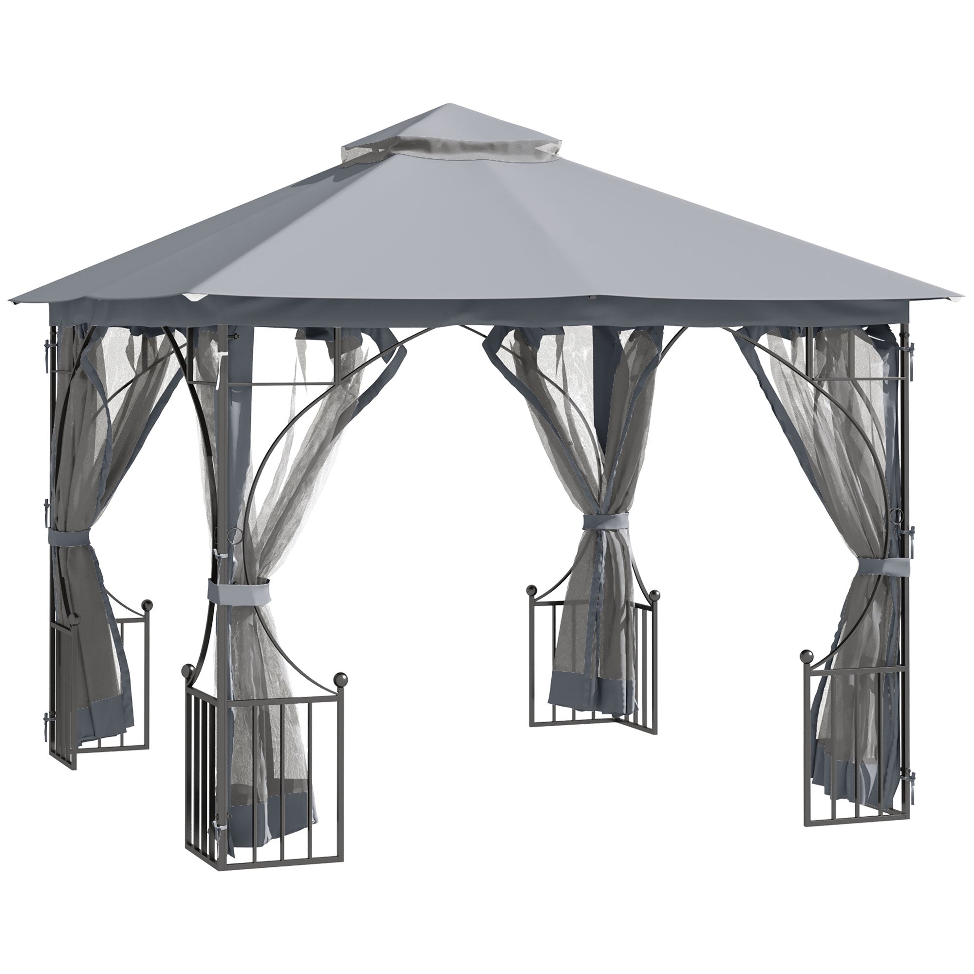 Garden Gazebo 3x3m Double Tier Metal Frame Netting, Light Grey