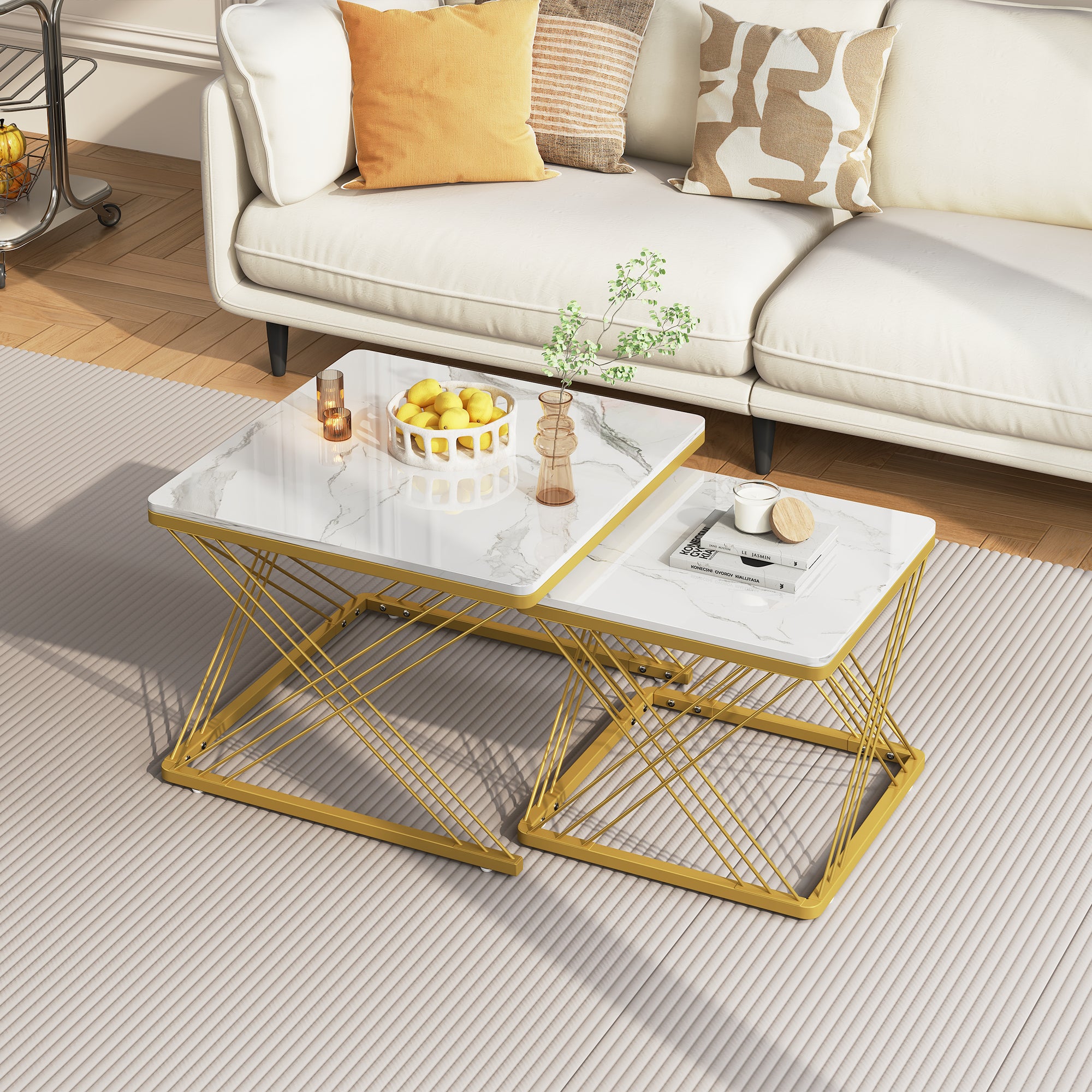 Stylish 2-Piece Coffee Table Set, Square, Adjustable, High-Gloss Marble Look