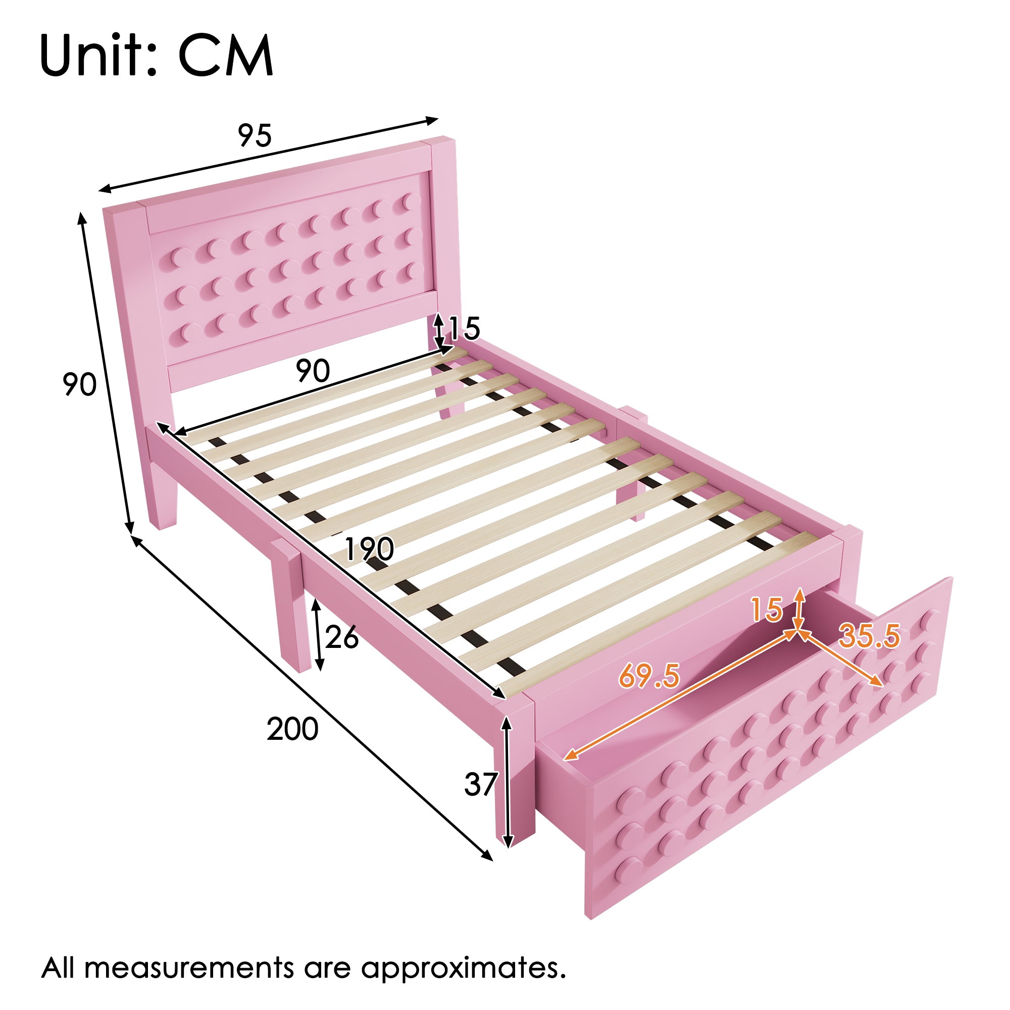 Wooden Single Bed 90x190cm Children's Creative Block Design with Drawers Pink