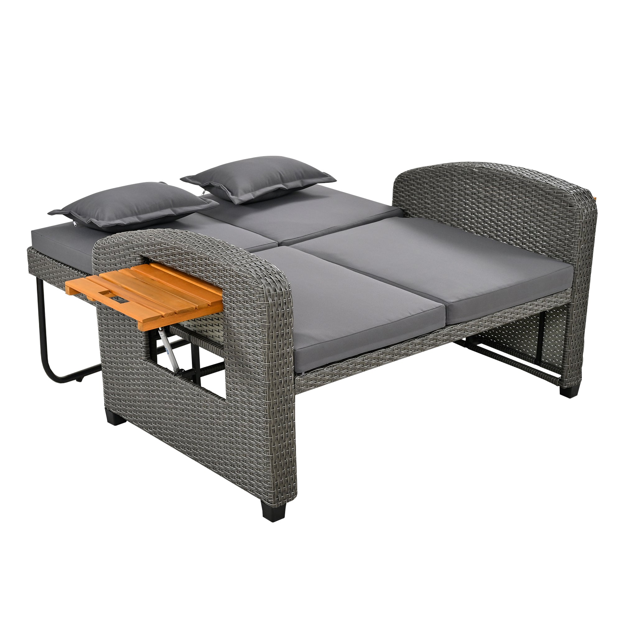 Garden Lounge Chair Set 2-Person Adjustable Back Convertible Bed - Grey Rattan