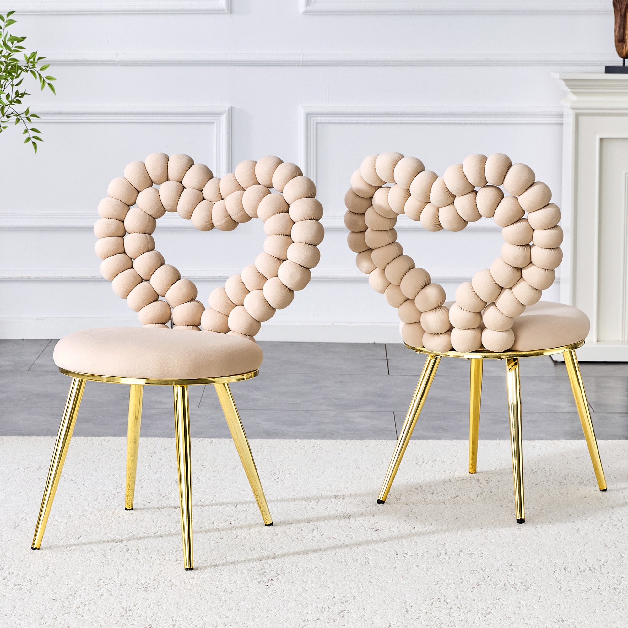 Dining Chairs (Set of 2), Heart-Shaped Cutout Backrest, Gold-Plated Legs, Light Beige Velvet