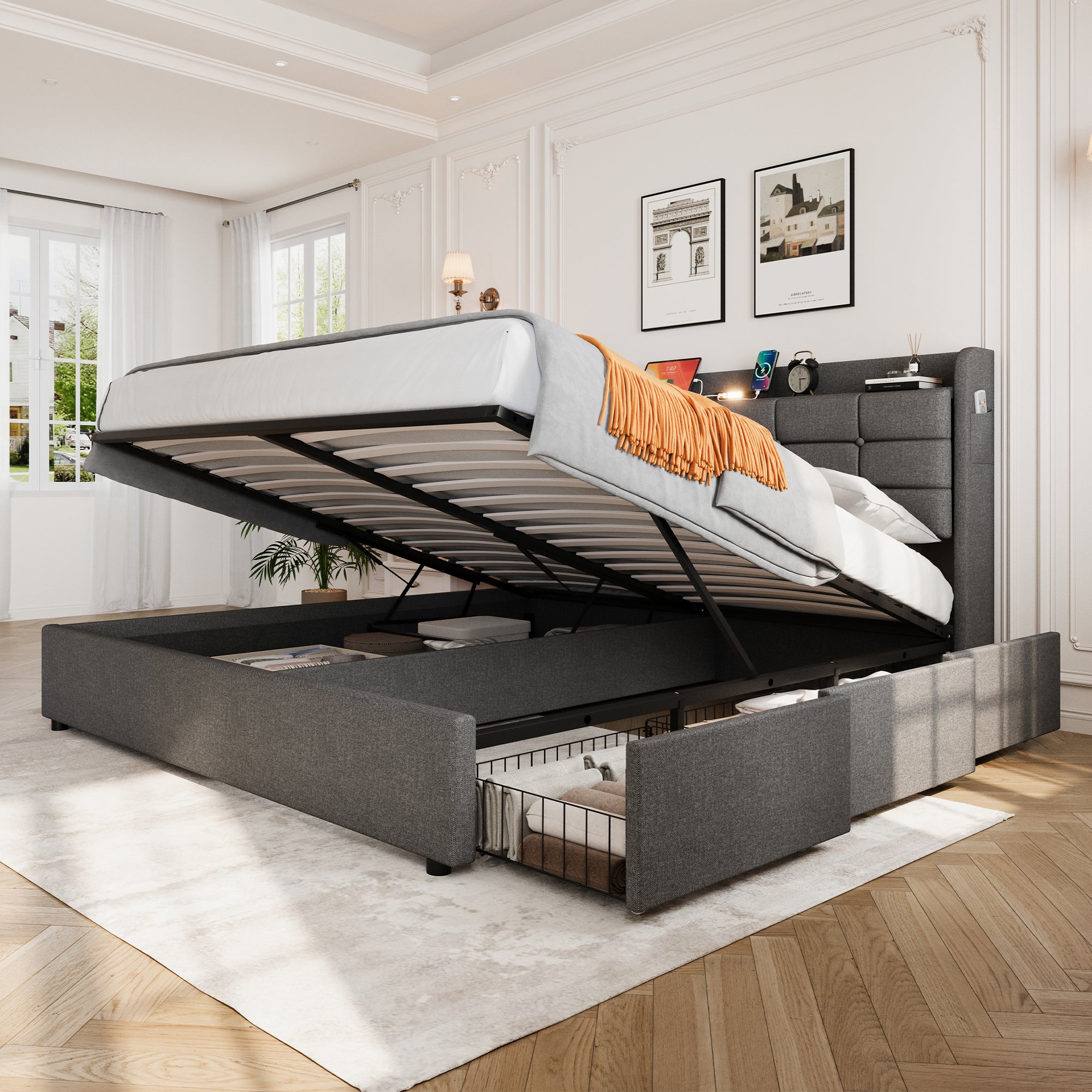 5ft King Bed Frame Hydraulic Storage, Charging Station, LED Night Light, Grey Linen