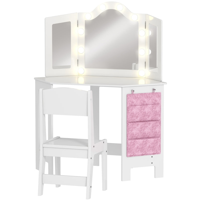 Kids Dressing Table and Stool Set with 2-Colour LED Lights Tri-Folding Mirror, White