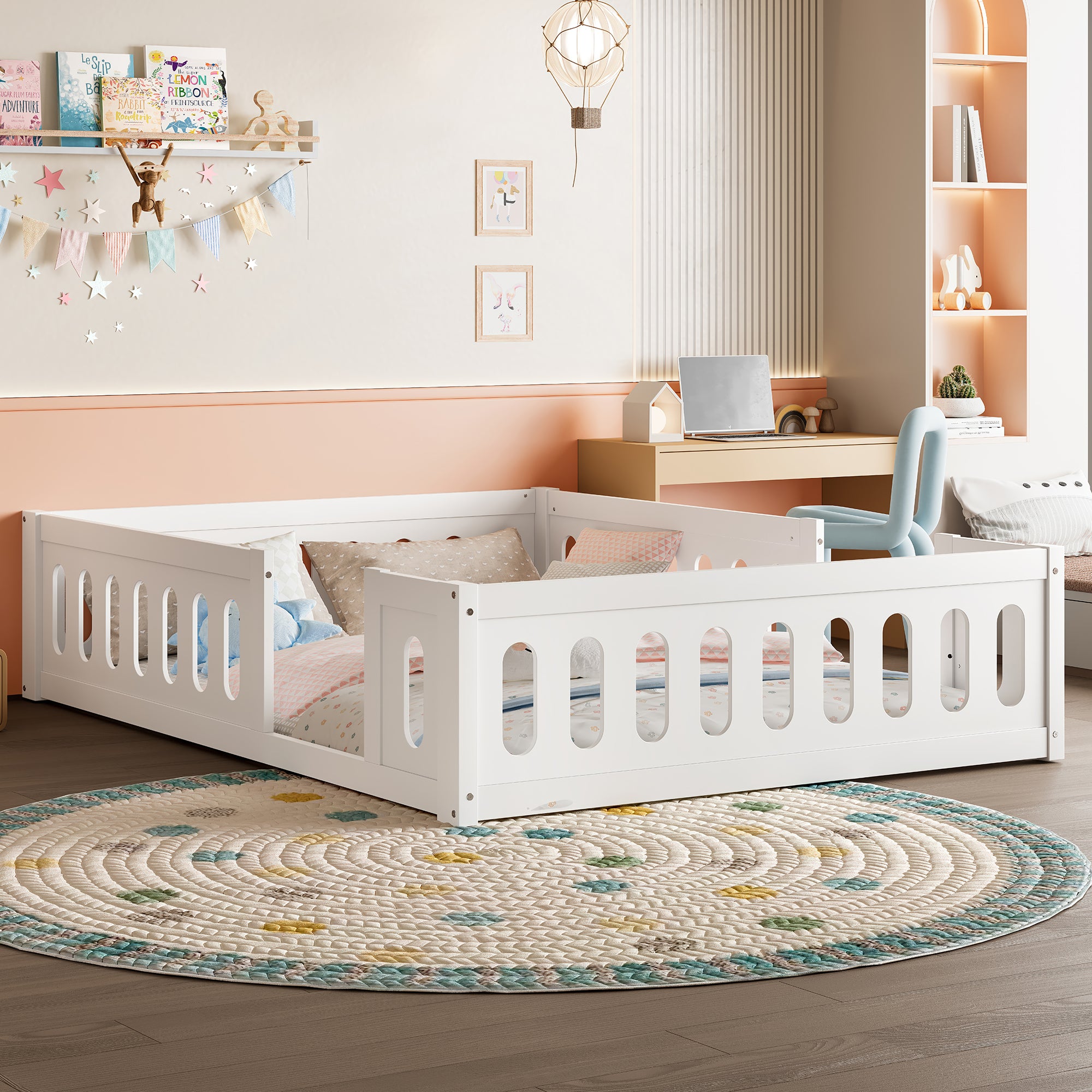 Wooden Platform Bed, 140x200 with Railing, White