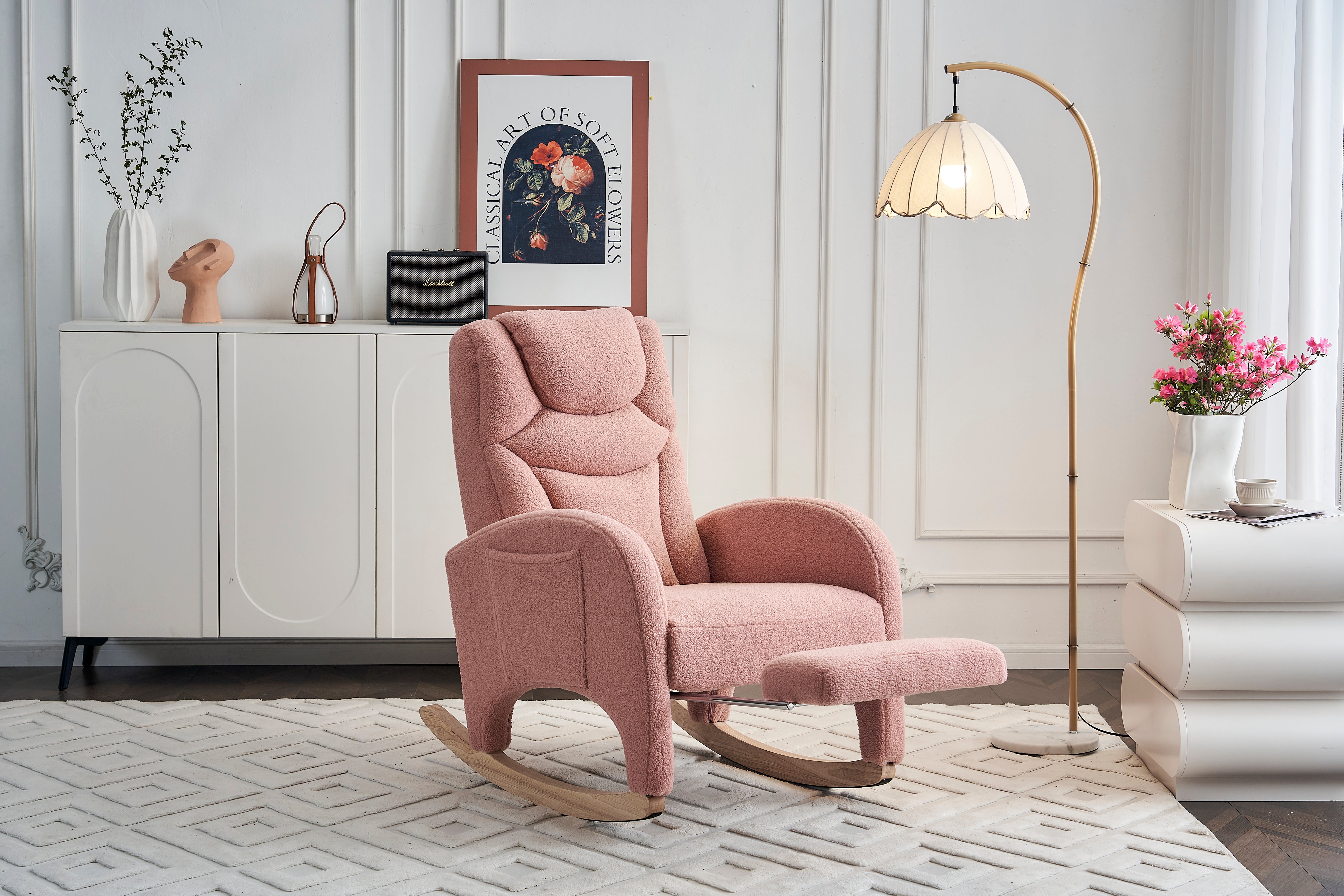 Rocking Chair, Upholstered with Armrest, Accent for Bedroom, Pink Teddy Fabric