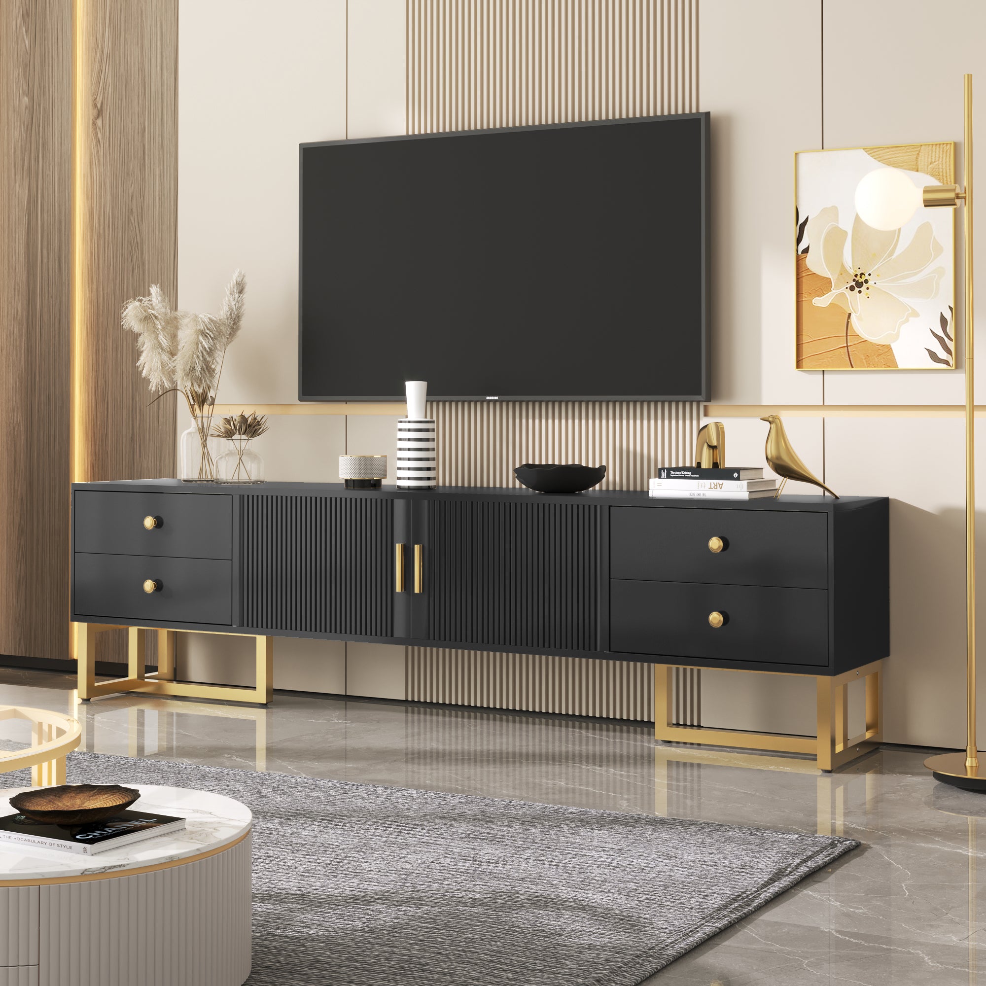 TV Cabinet, Low Panel Textured Door with Drawers, Gold Handles & Feet