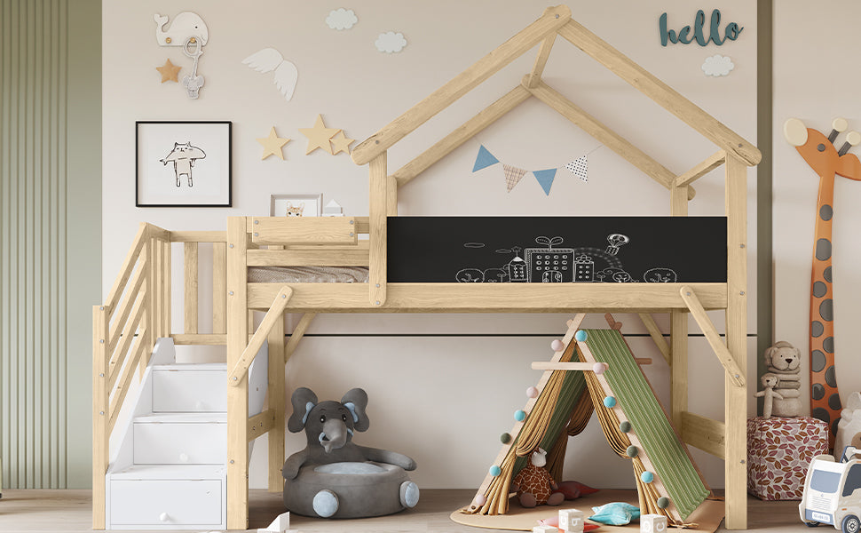 Children's Bunk Bed Roof Design Chalkboard Storage Stairs 90x200cm, White/Natural Pine/MDF/Plywood