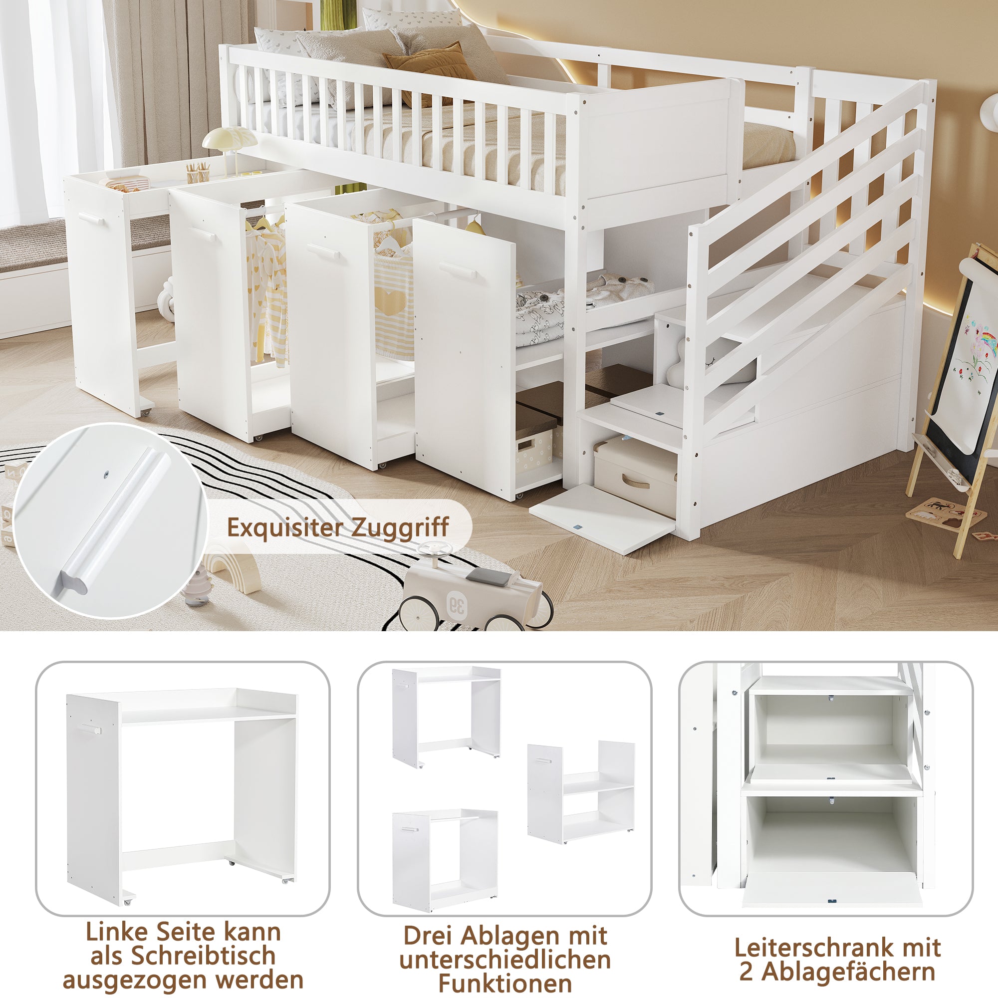 Bunk Bed, Multifunctional Children's with Desk, Wardrobe, Lockers, Pine + MDF White