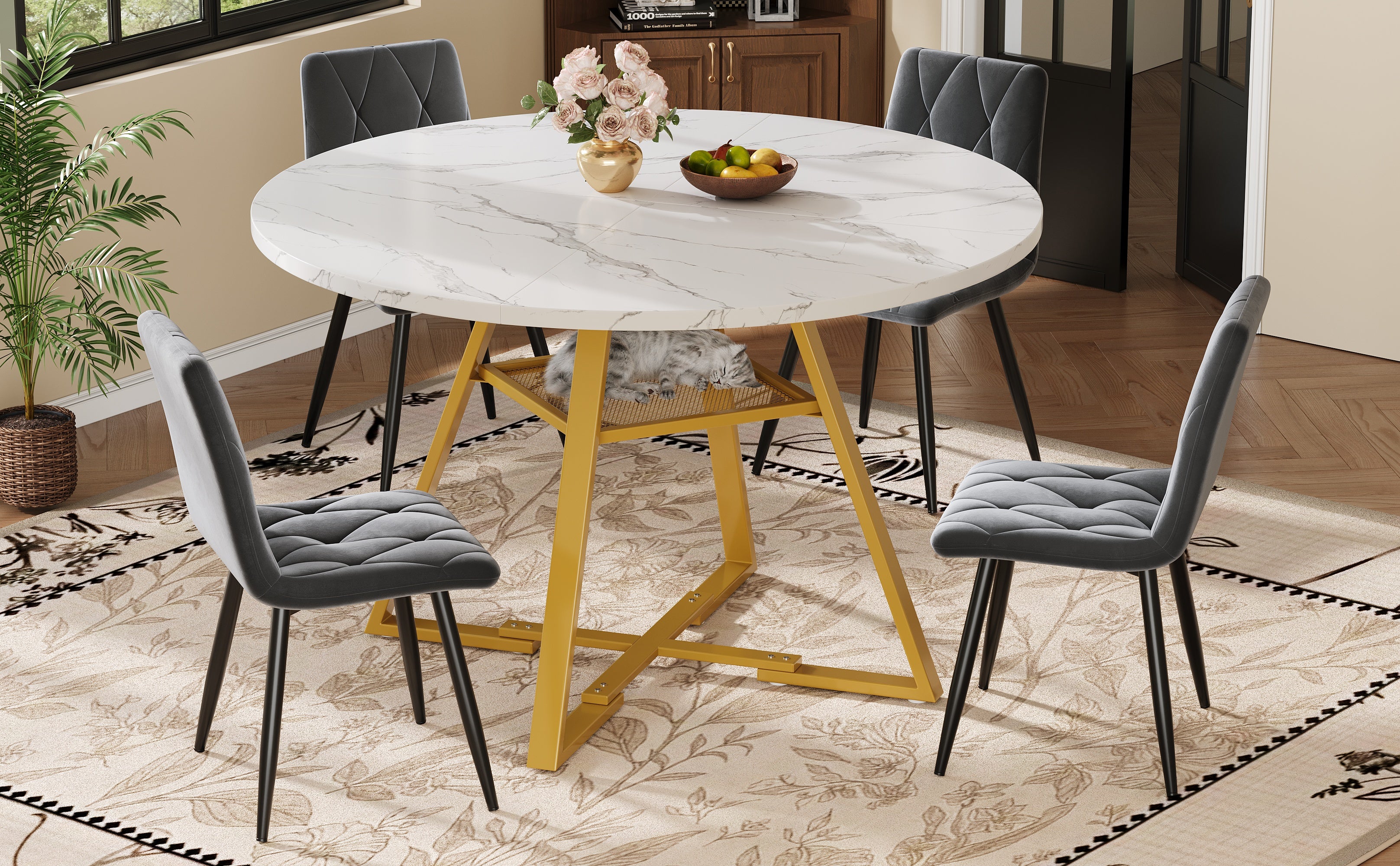 Round Dining Table Metal Legs Marble Look - Black/White