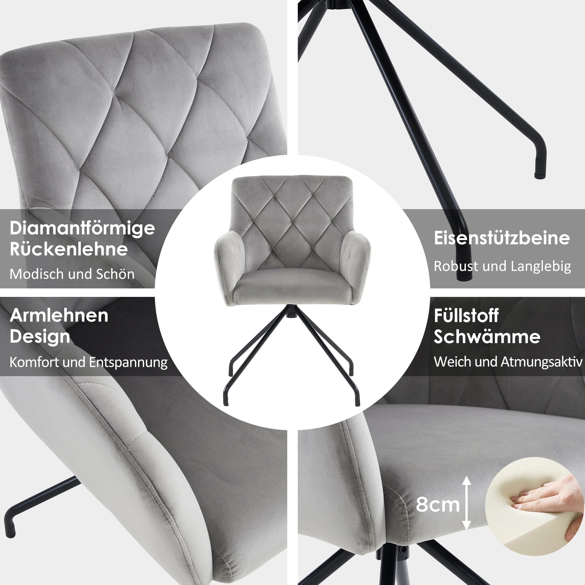 Set of 2 Dining Chairs with Diamond Pattern and Lumbar Support, Light Grey Velvet