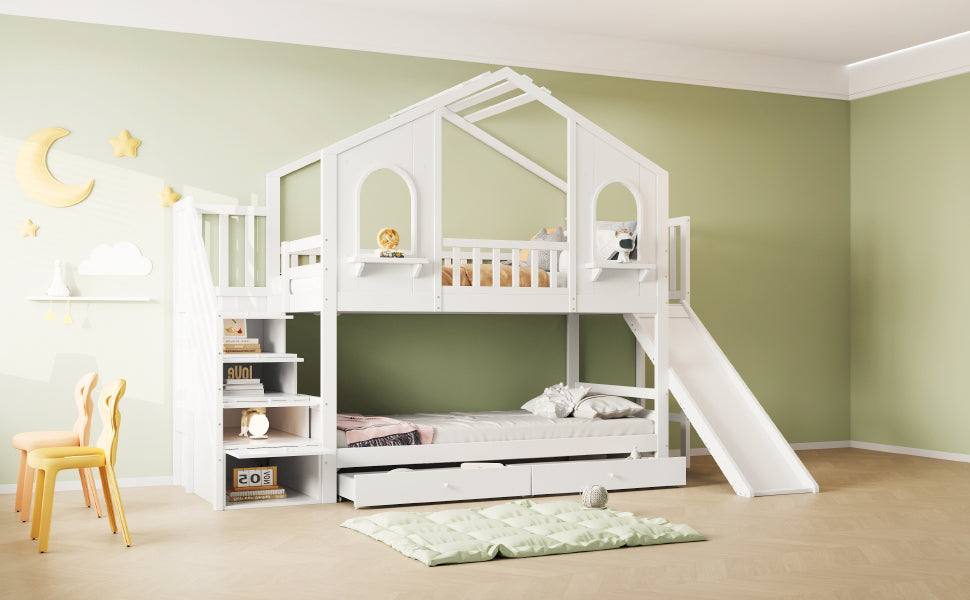 Children's Bunk Bed House-Shaped with Slide & Storage, 90x200cm, White
