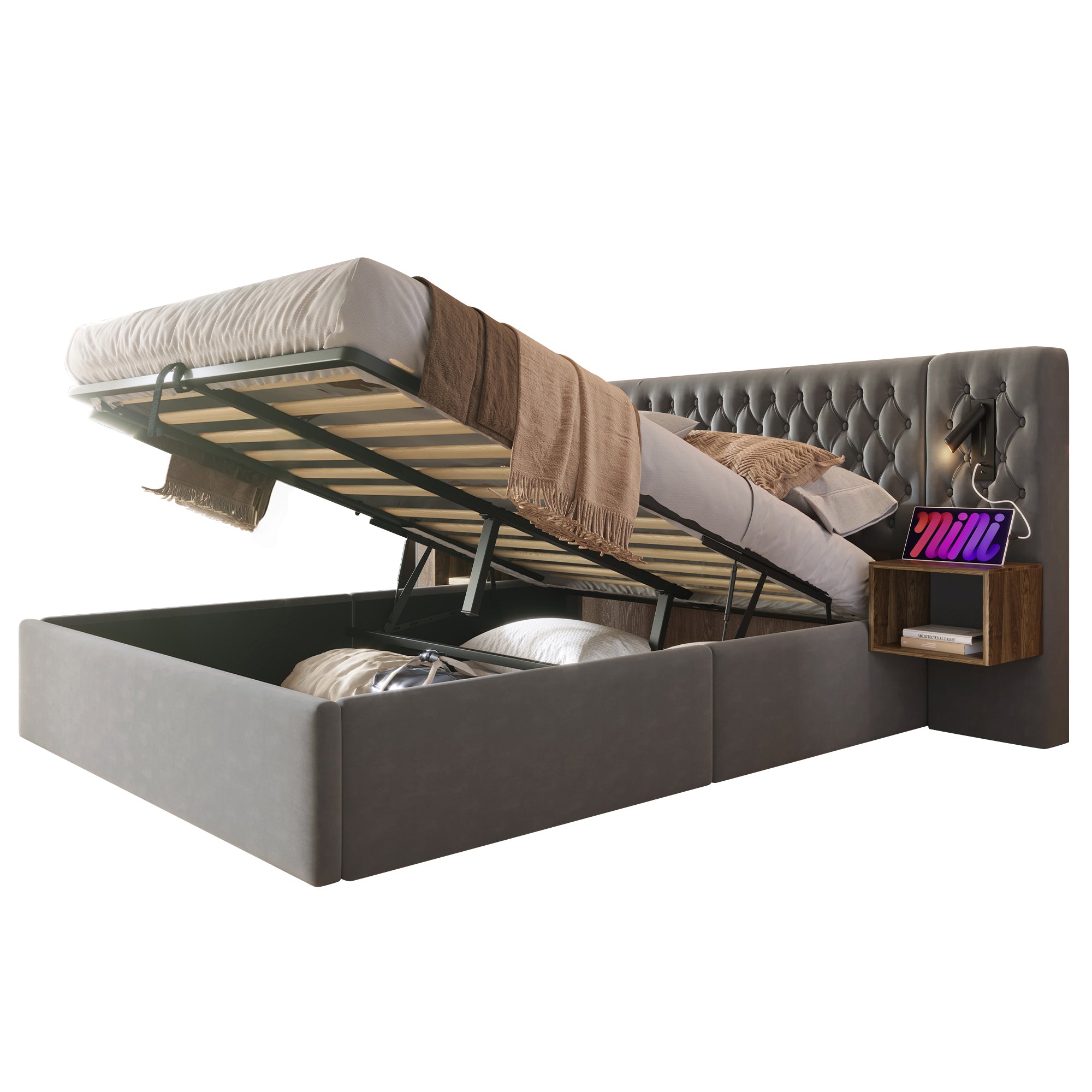 Bedroom Set, Upholstered Hydraulic Storage Double Bed 180x200cm with 2 Nightstands & Headboard Reading Light with USB, Gray Velvet