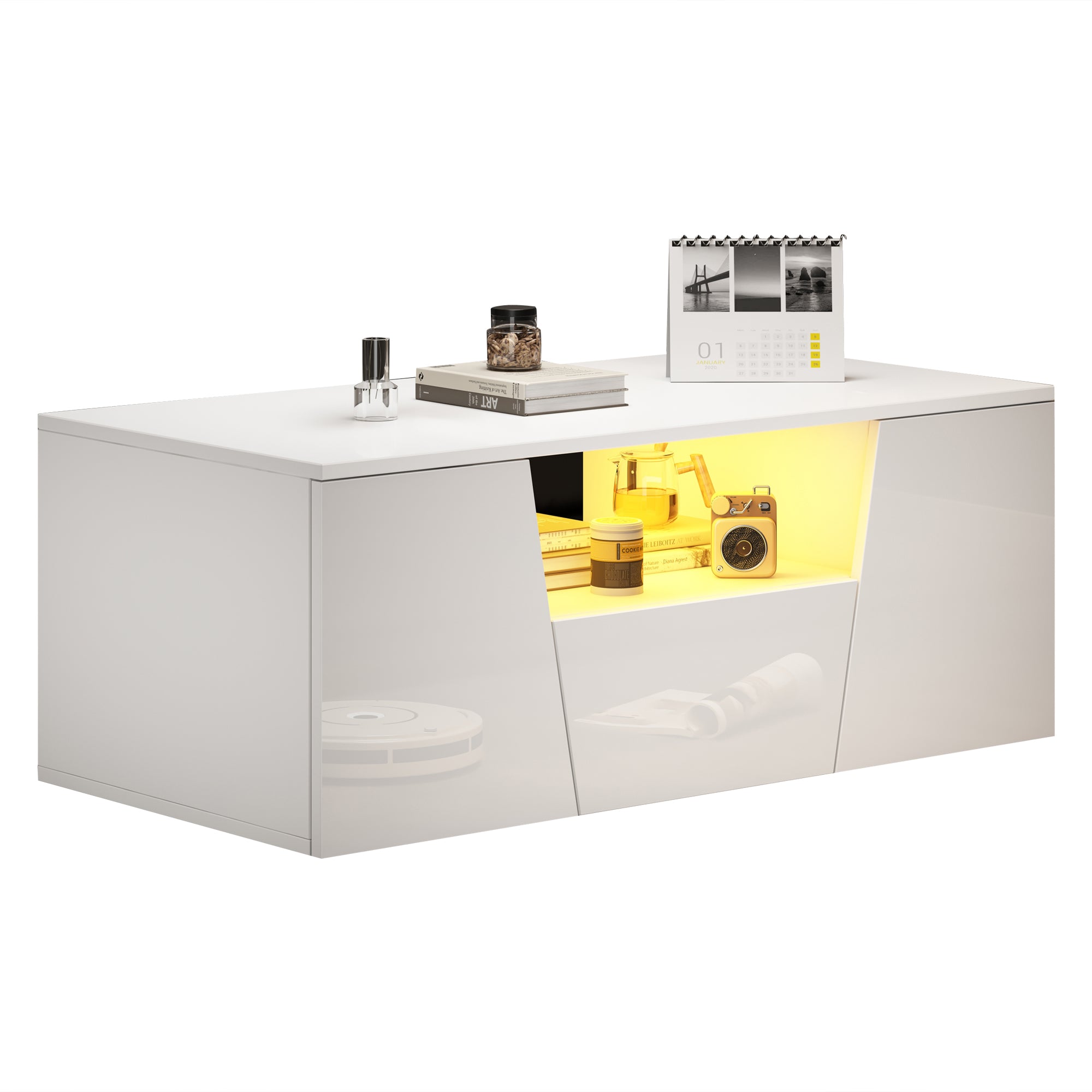 Coffee Table, Sofa Table with LED Light, 2 Cabinets, 1 Drawer, Irregular Design, White