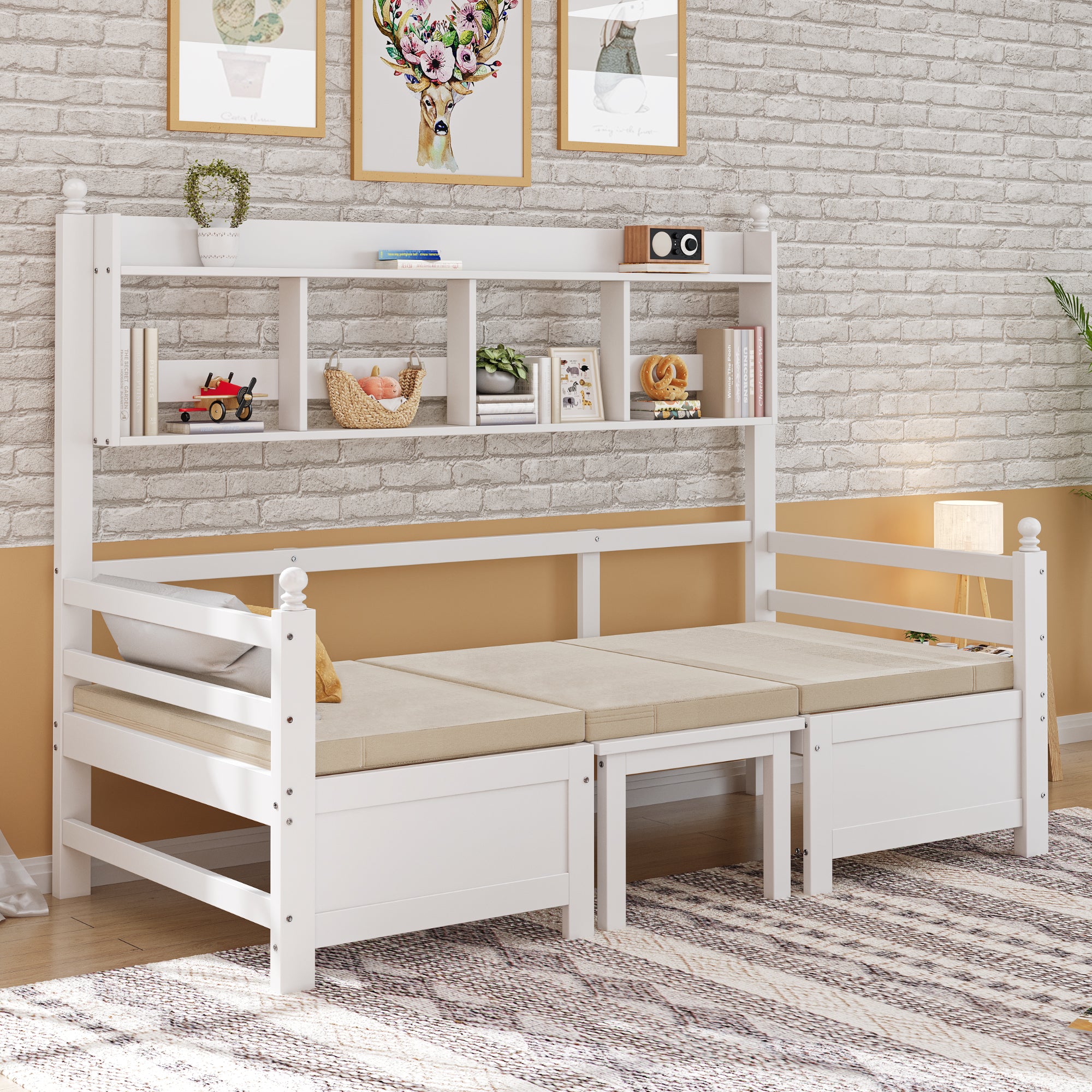 Sofa Bed, Multifunctional 2-in-1 Bed & Desk with Bookshelf & Pillows, Solid Wood White