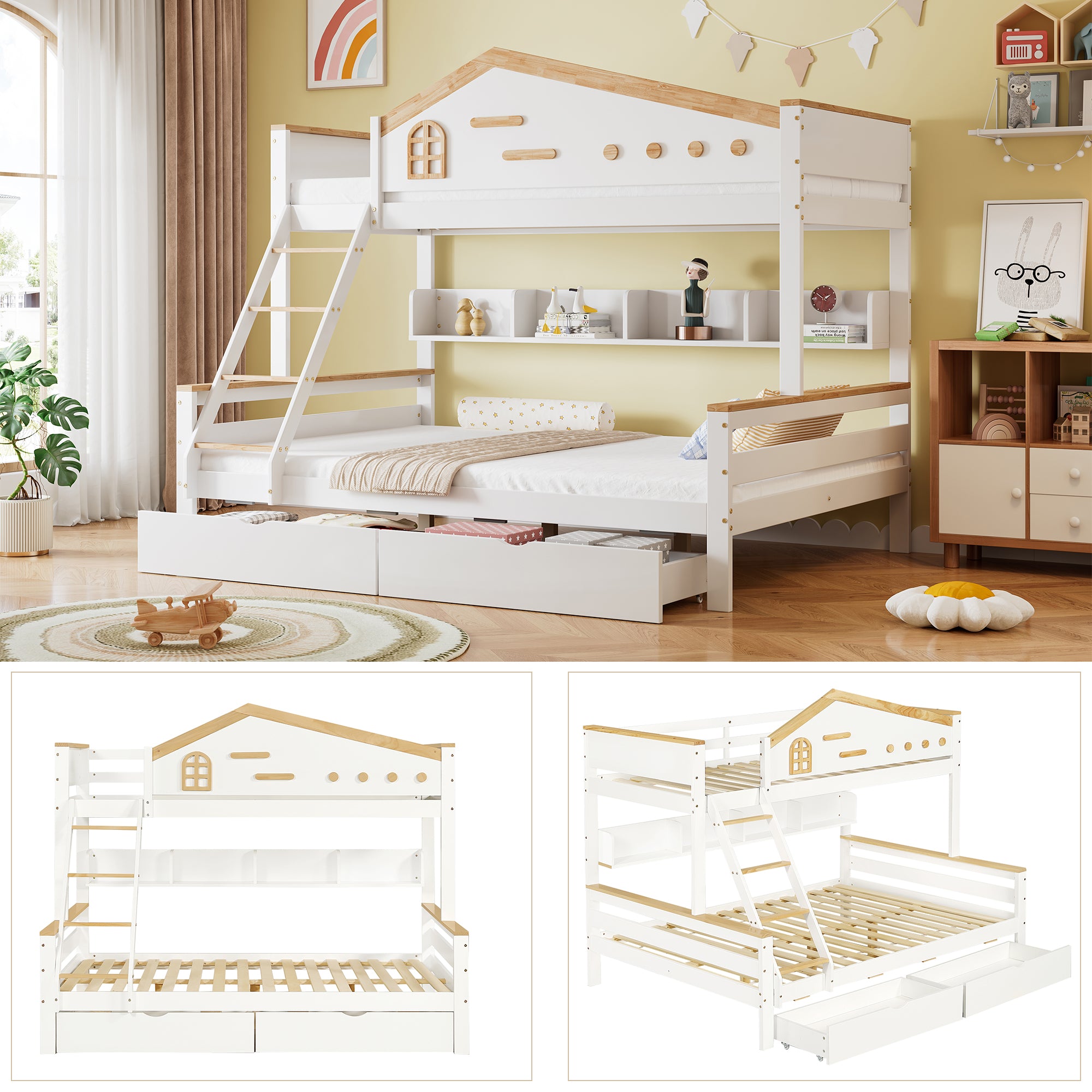 Bunk Bed, Children's with Drawers & Ladder, Pine+MDF White+Natural