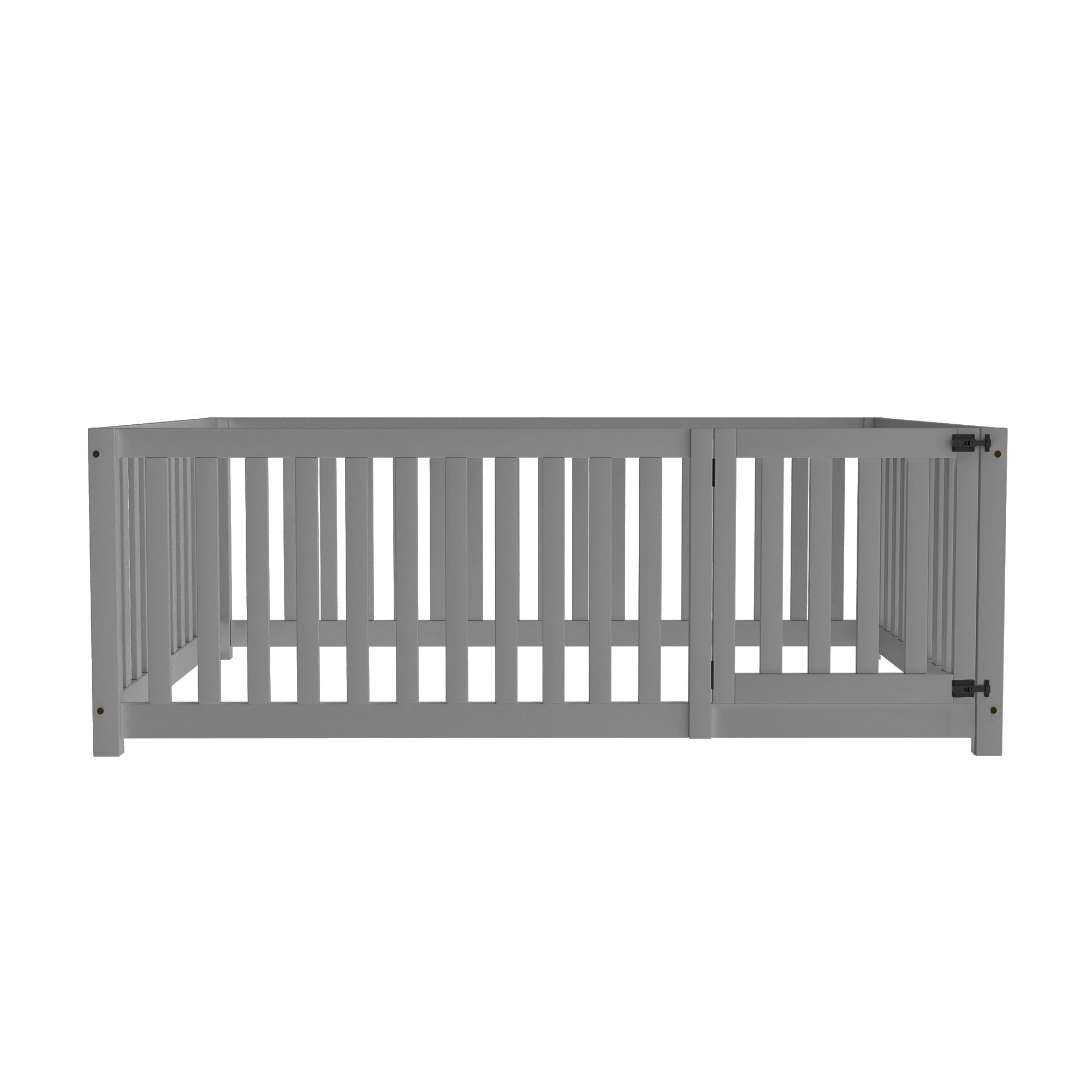 Children's bed 140 x 200, wooden floor bed frame with fence and door, grey