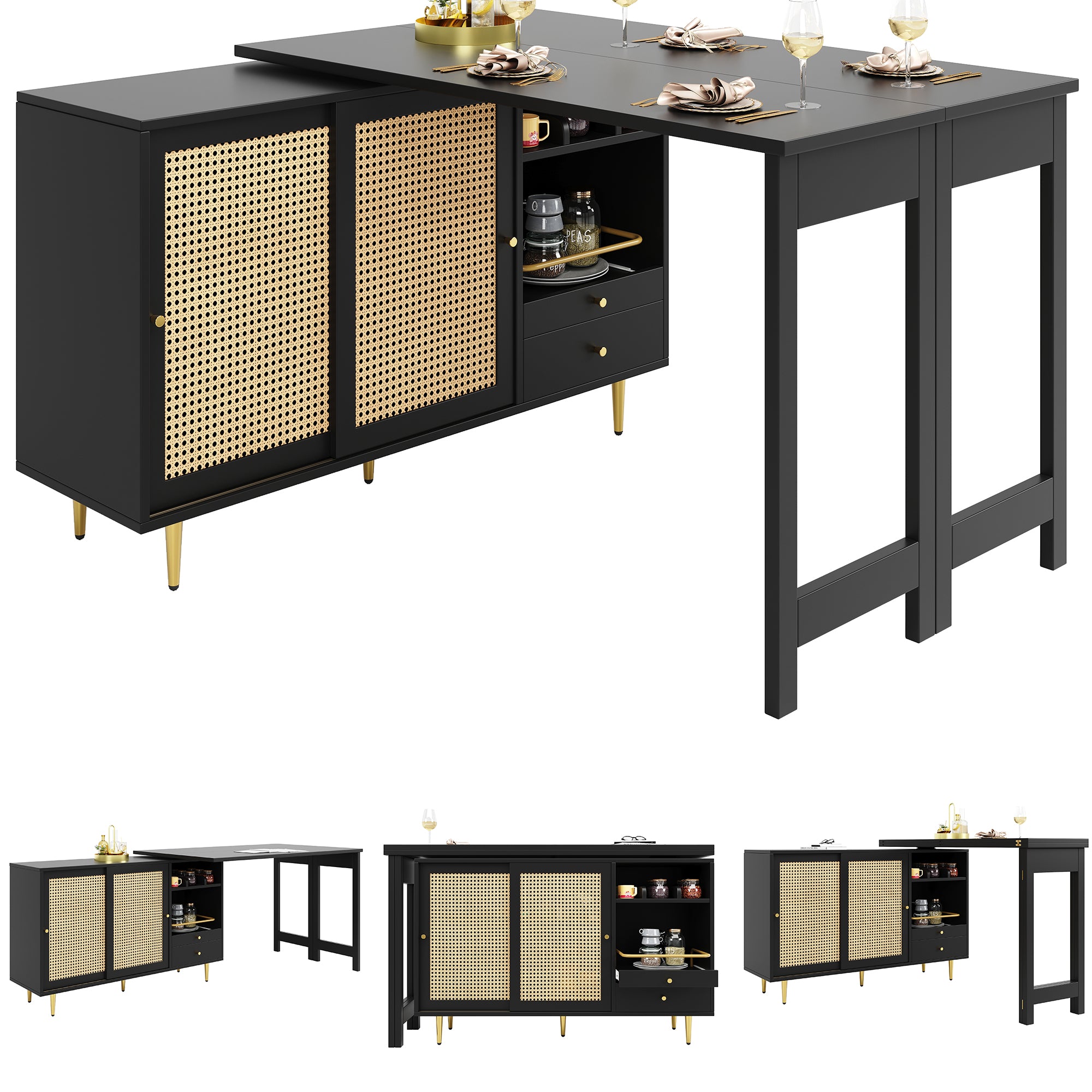 360° Rotating Bar Table Extendable Rattan Storage Cabinet Black