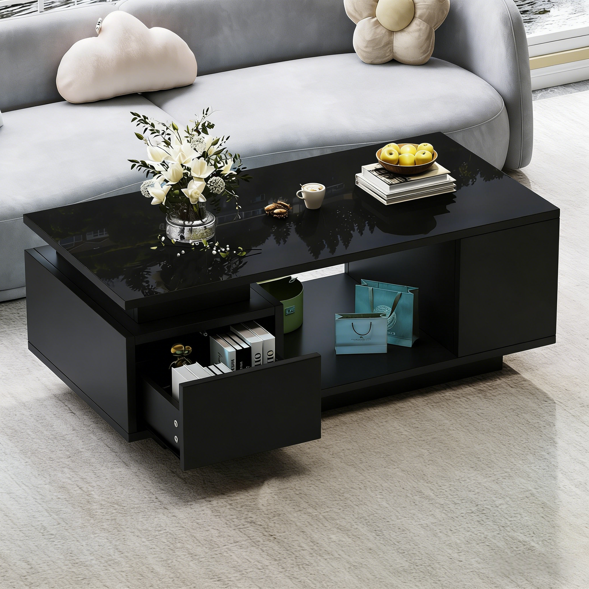 Coffee Table 100x50x36cm High-Gloss LED with Drawer Side Storage Black