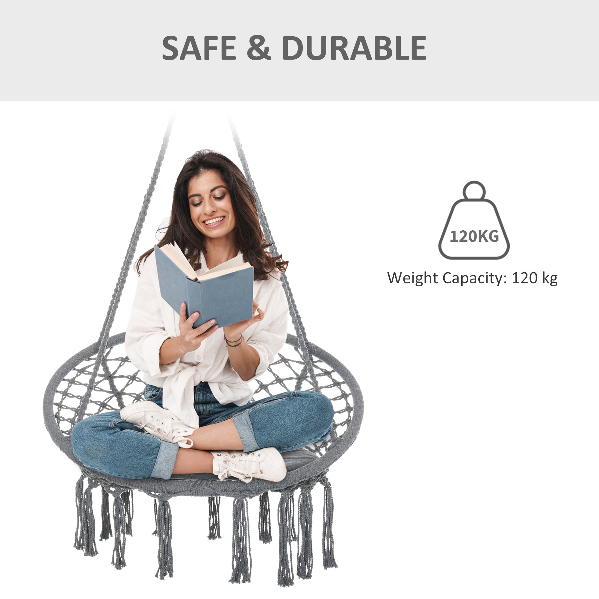 Macrame Hanging Rope Chair with Cushion and Fringe Tassels, Cotton-Polyester Blend, Grey