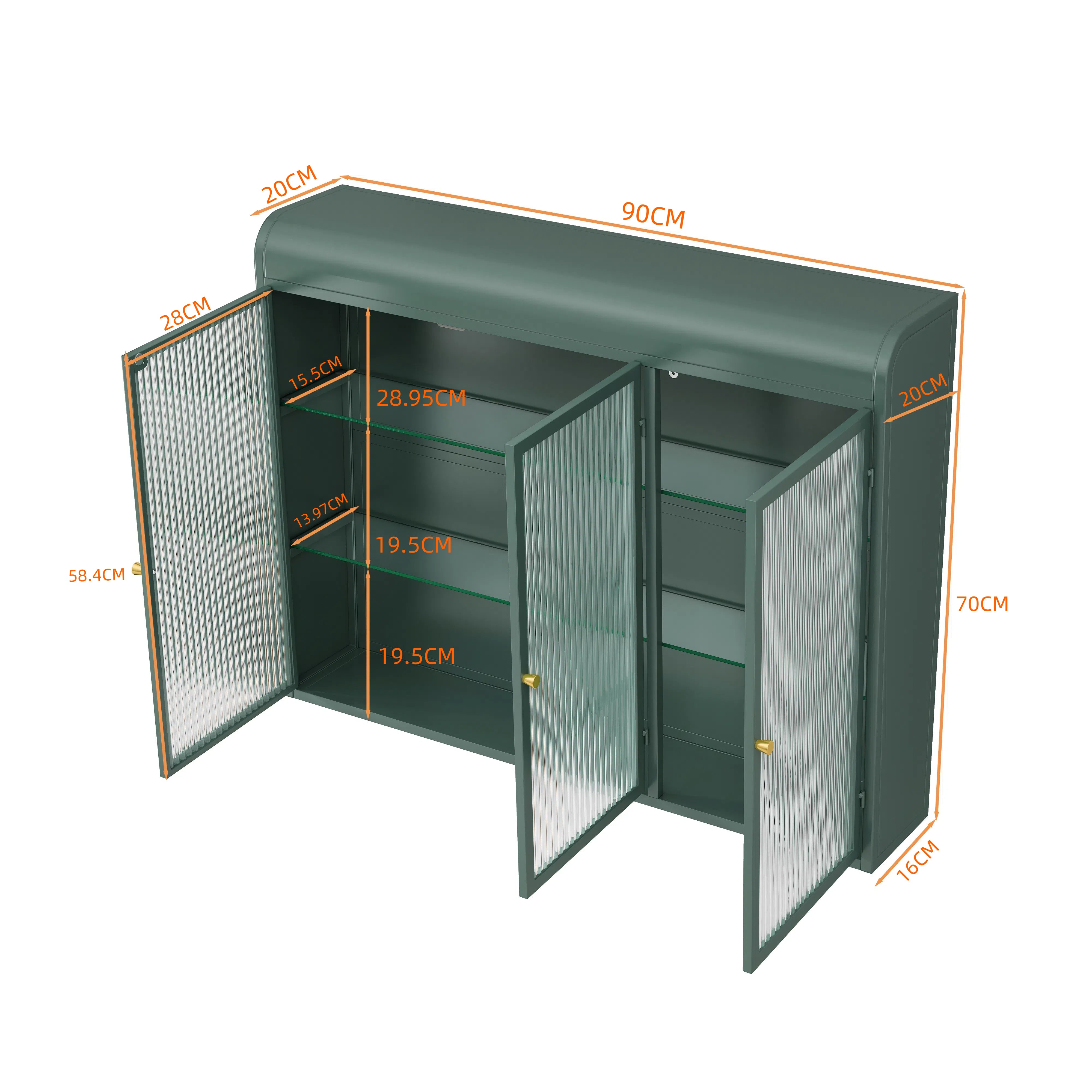 3 Door Arched Wall Mounted Glass Cabinets - Dark Green