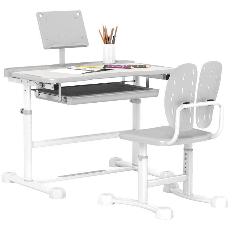 Kids Desk and Chair Set, Height Adjustable Tilted Desktop, Grey