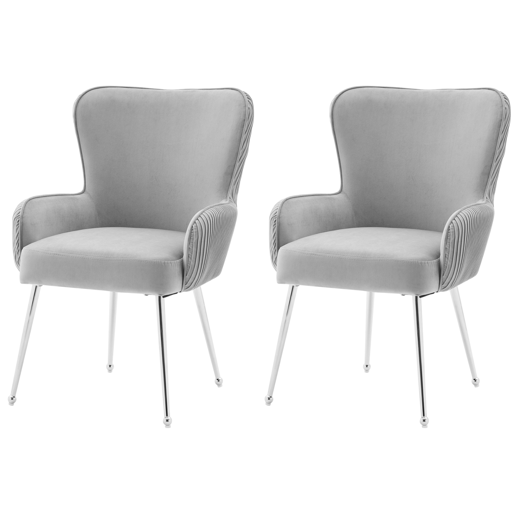 Velvet Dining Chair, Set of 2, Silver Metal Legs, Armrests, Lumbar Support, Grey
