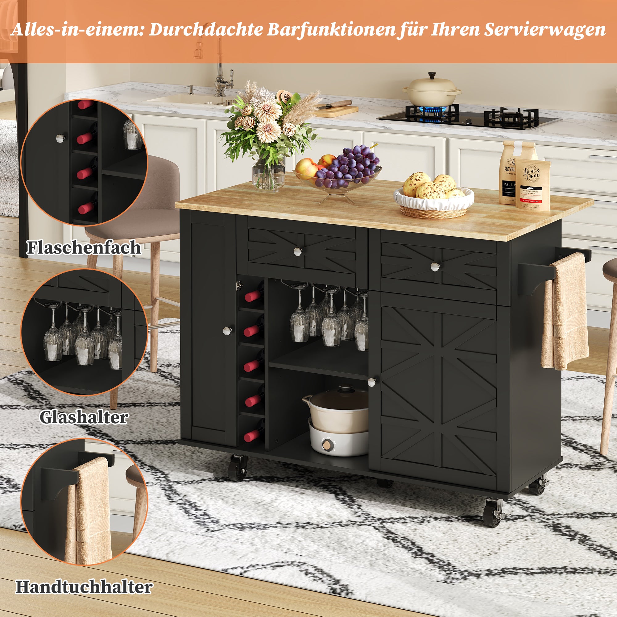Kitchen Island Mobile Folding Worktop Wine Rack Storage - Black