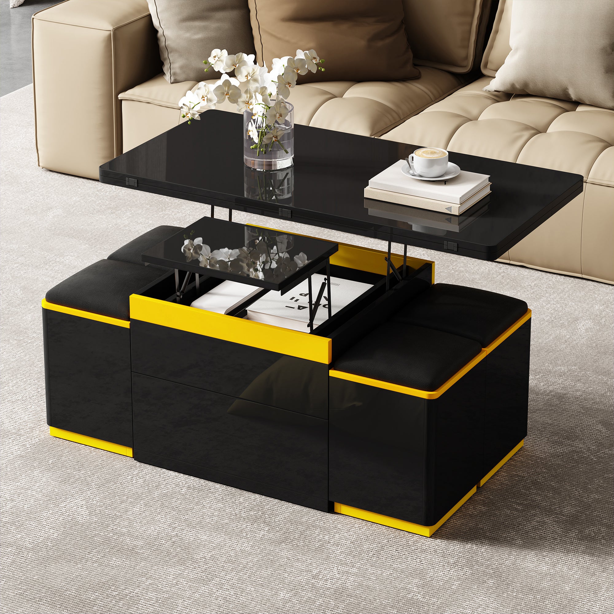 Coffee Table Multifunctional Height-Adjustable Foldable Black High-Gloss