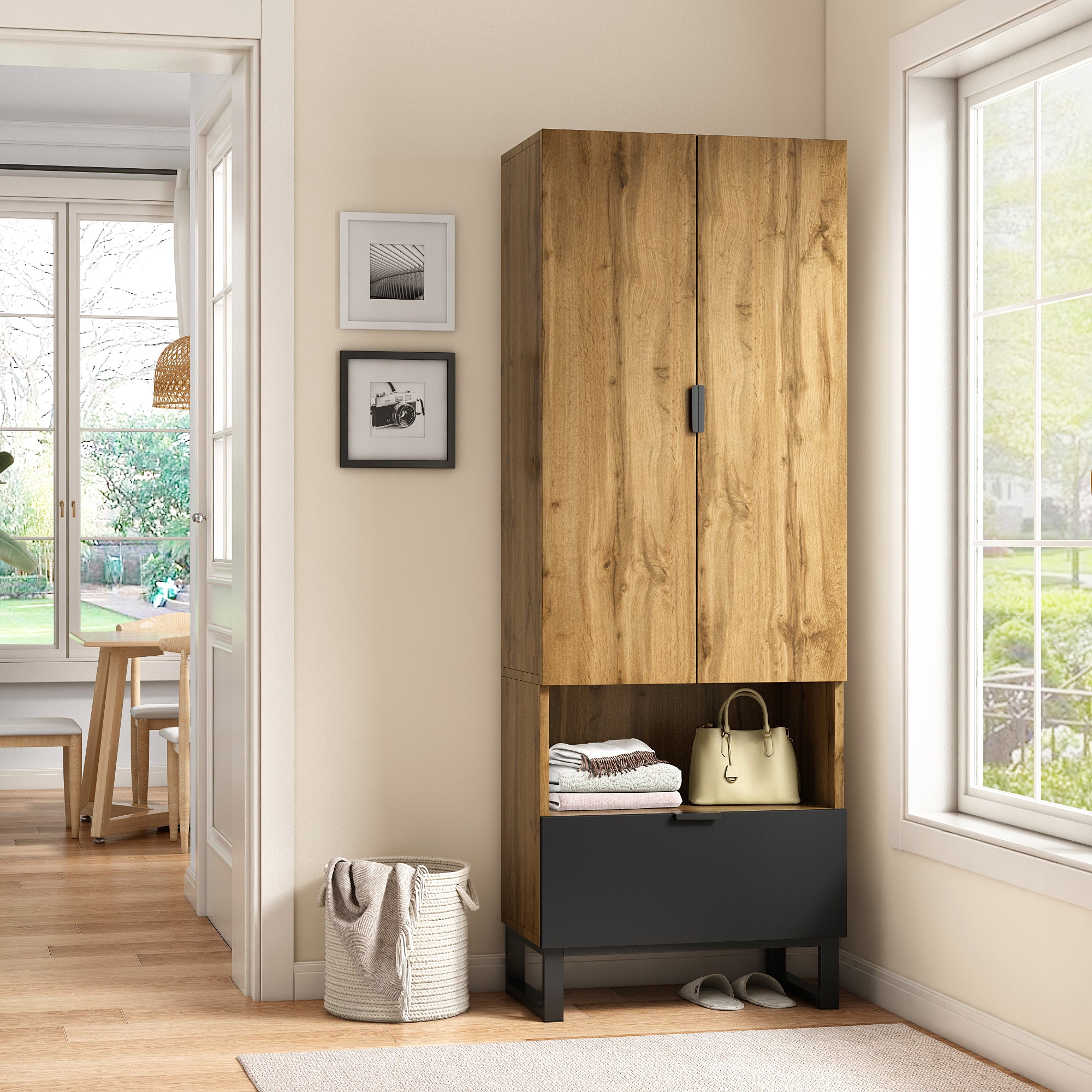 Wardrobe, 1 Drawer, Adjustable Shelves, Clothes Rail, Wood and Black