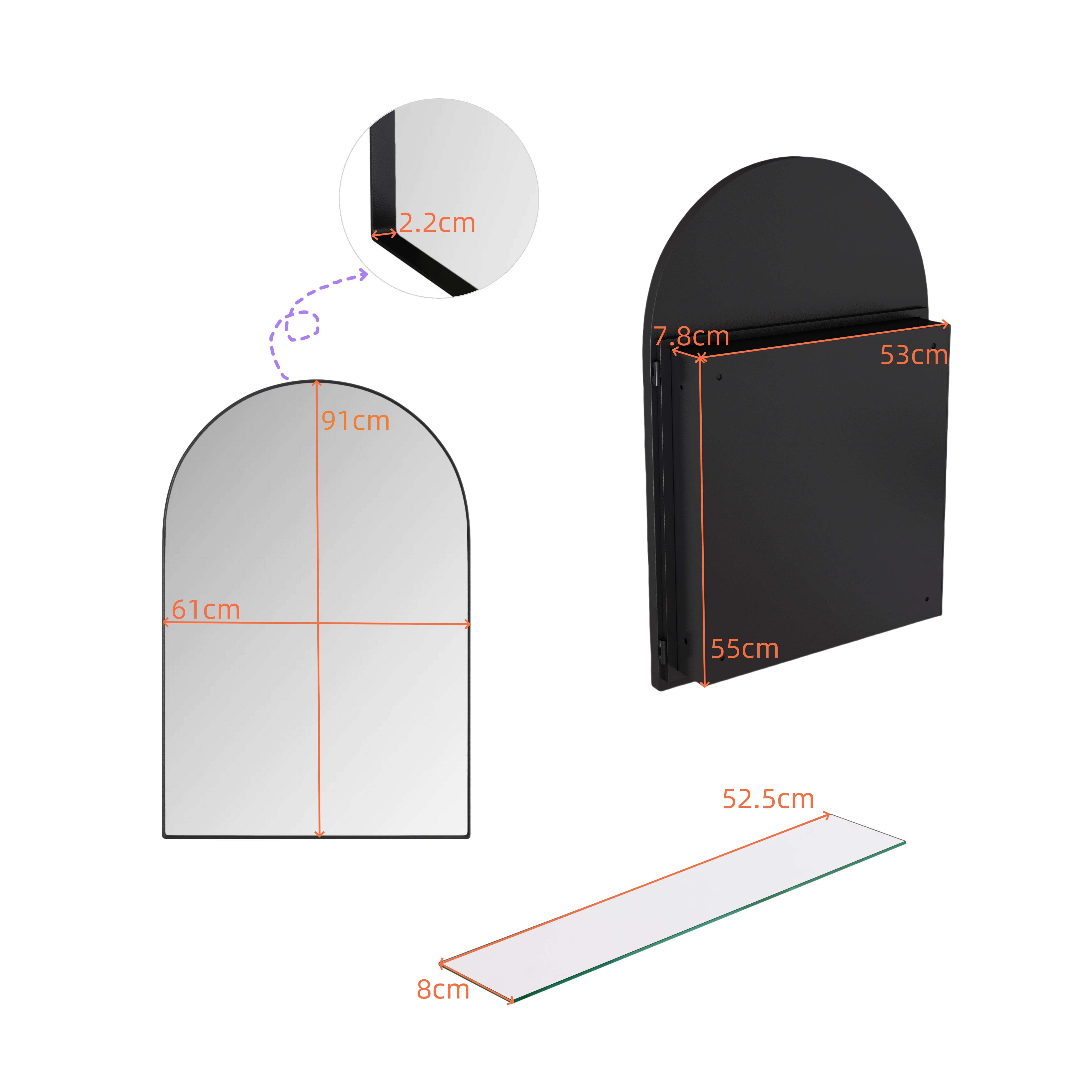 Arched Mirror Cabinet, Recessed Medicine Wall Storage, Black Metal Framed