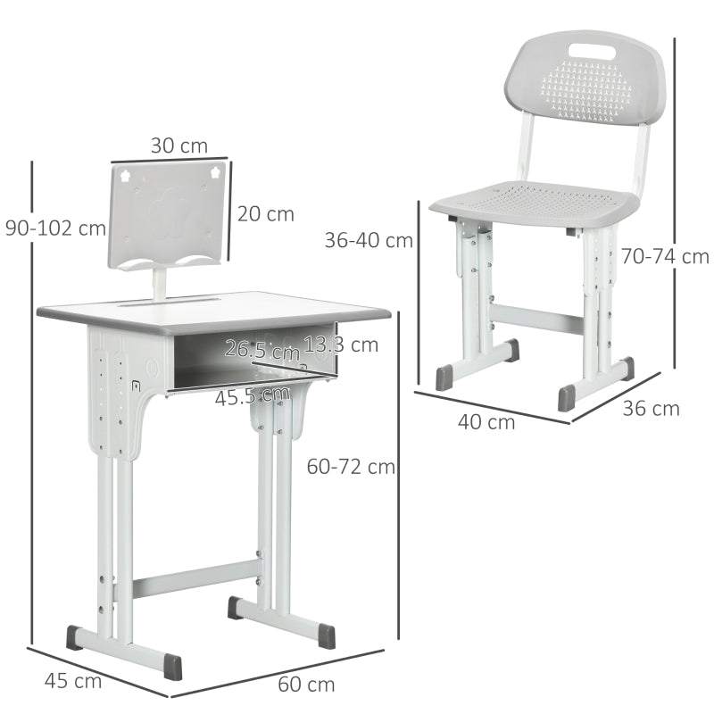 Kids Desk and Chair Set Adjustable with Book Stand, Pen Slot - Grey