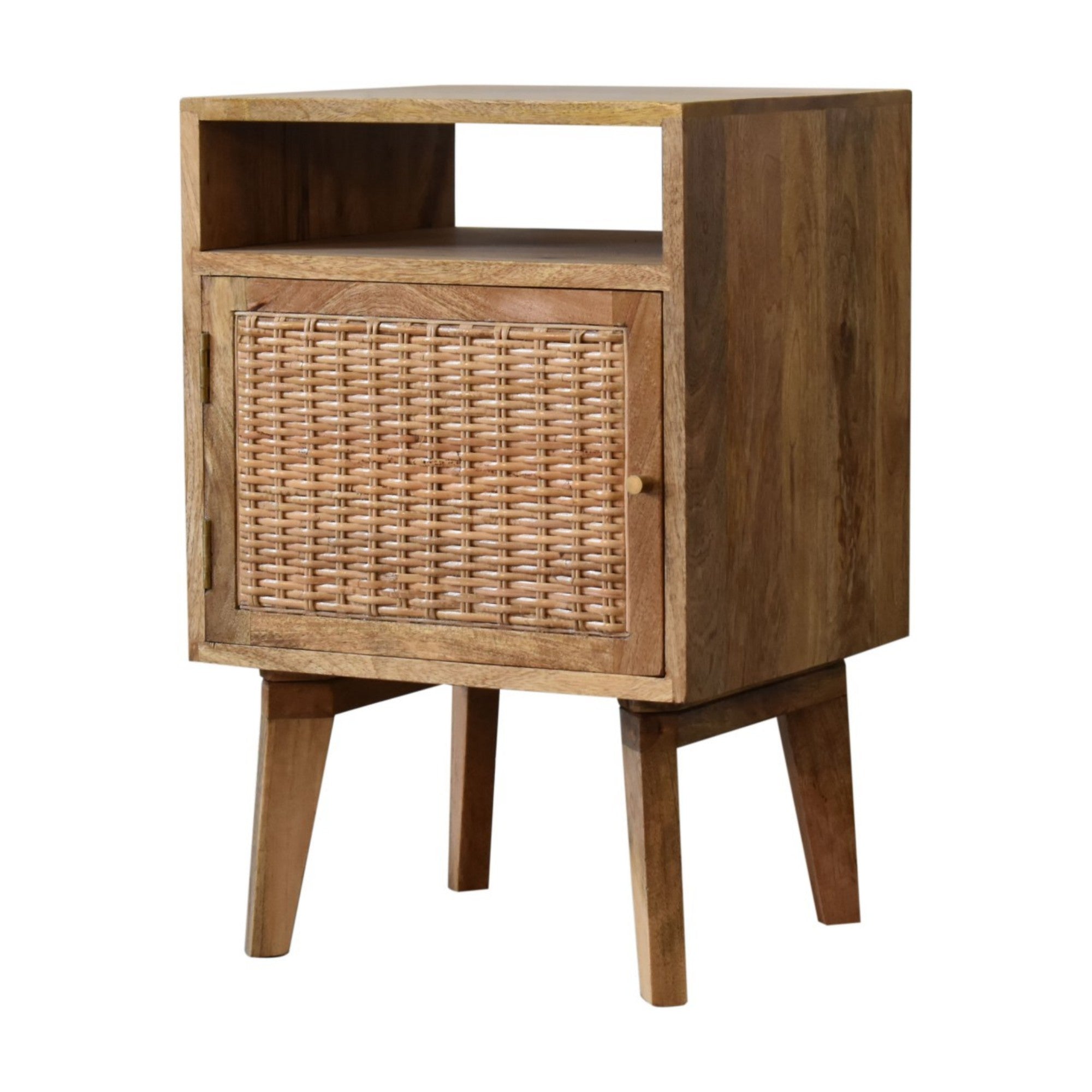 Solid Wood Bedside Table with Knit Door and Open Slot, Beige