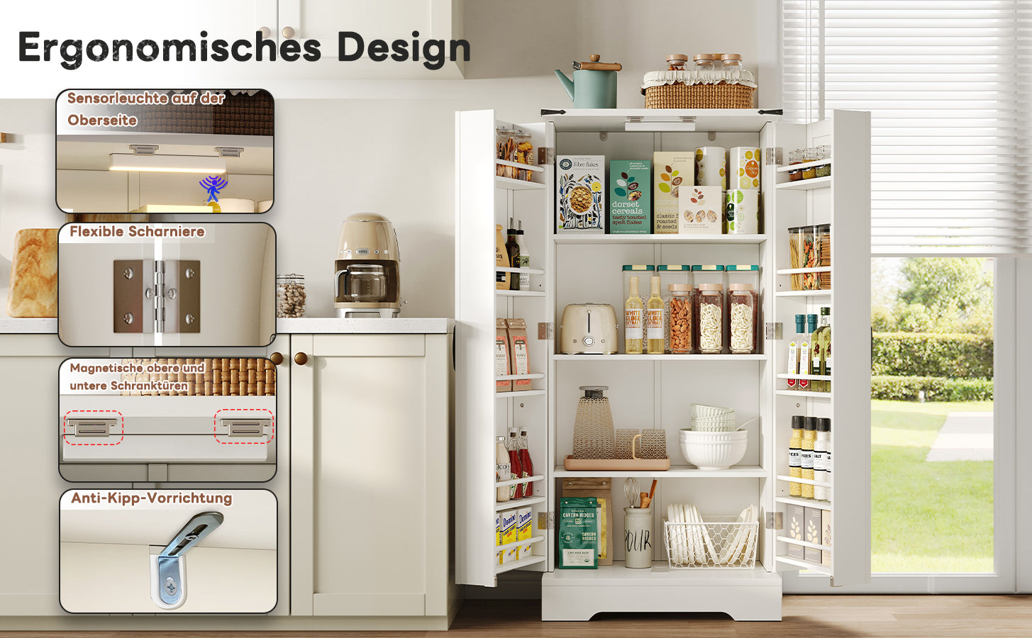 Pantry Cabinet 128.5cm Farmhouse LED 2 Doors Adjustable Shelves - White