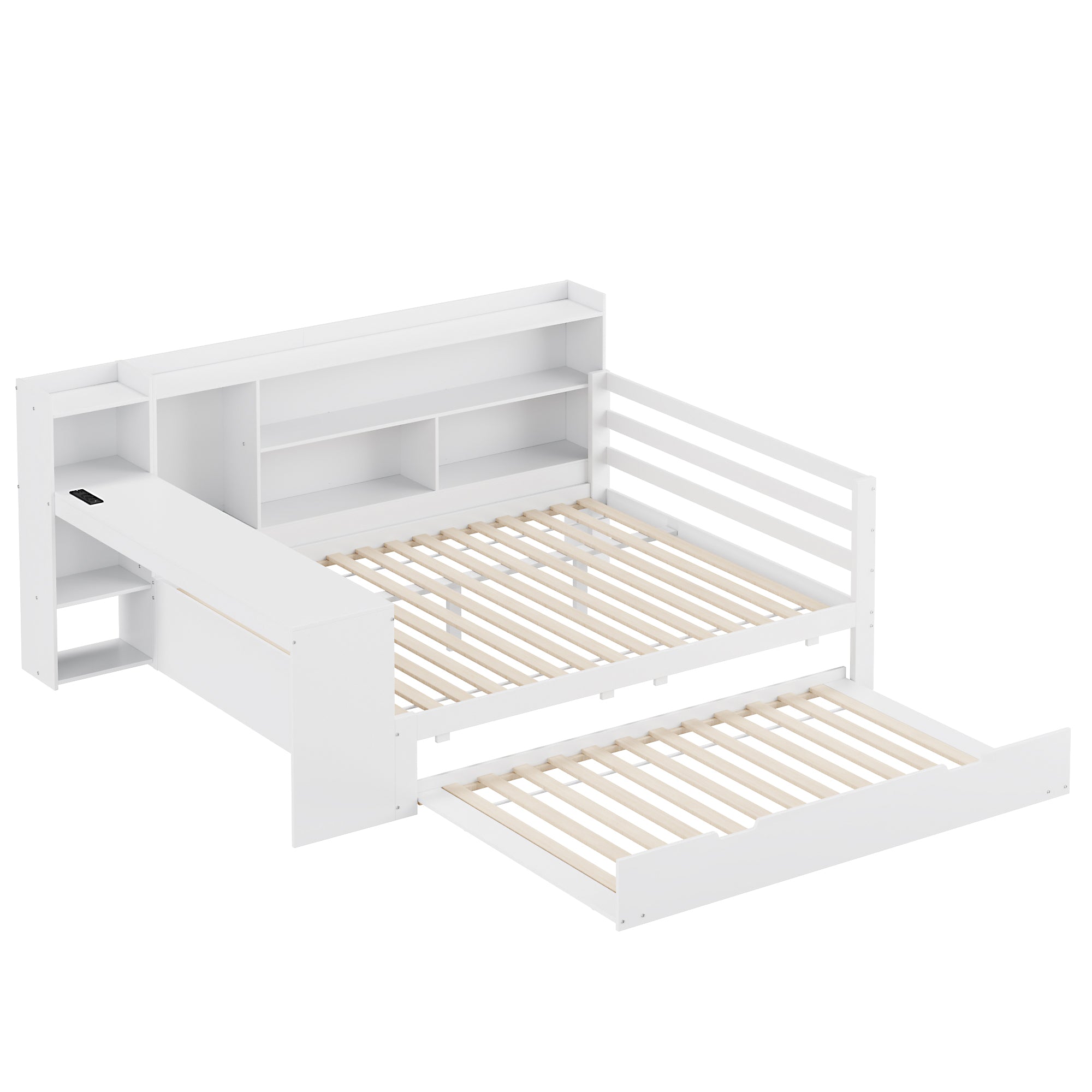 Sofa Bed, Multifunctional Double with Desk, Bookshelves, Storage, Power Outlets, Pull-Out Bed, Solid Wood