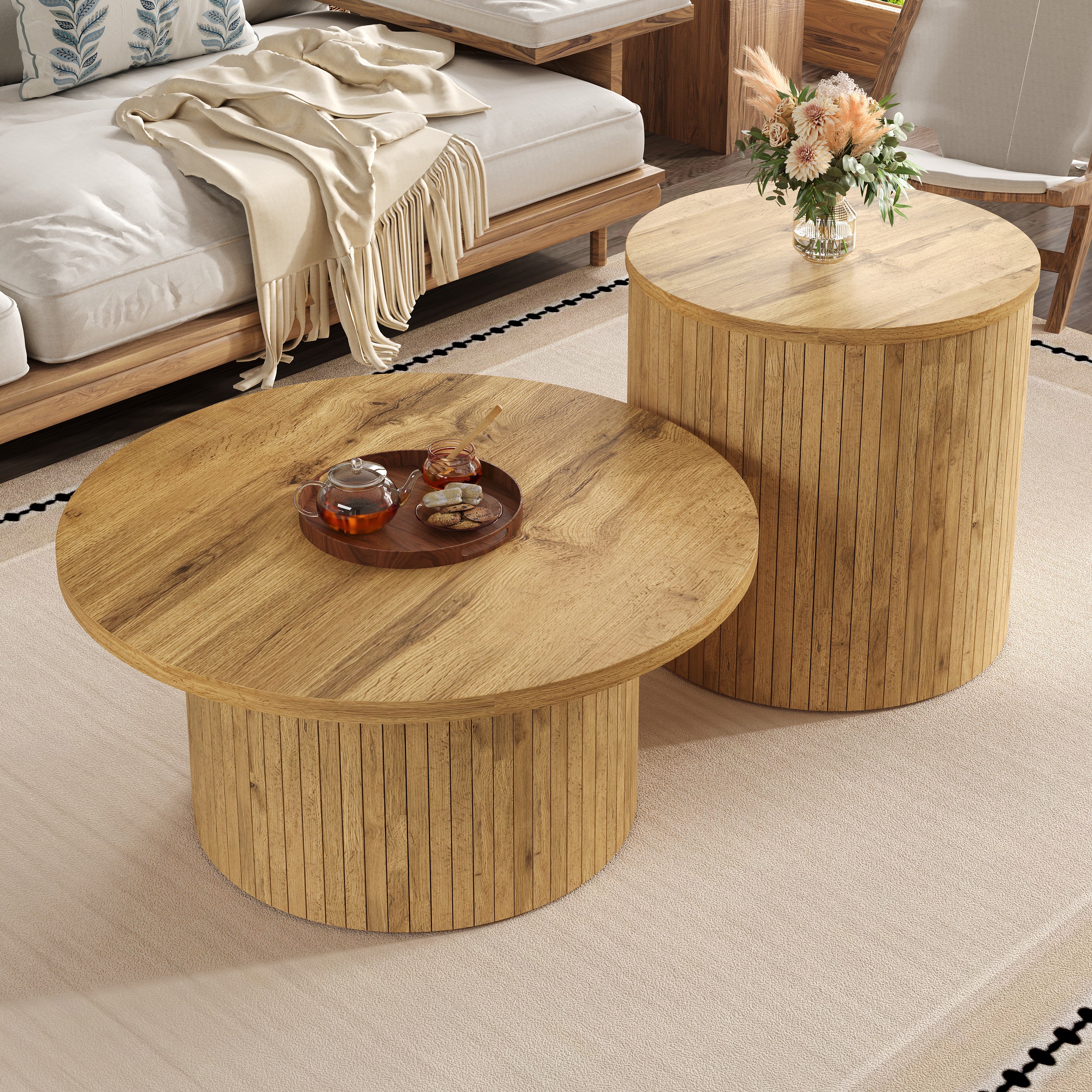 Coffee Table Double Round Slats Multifunctional - Natural Wood