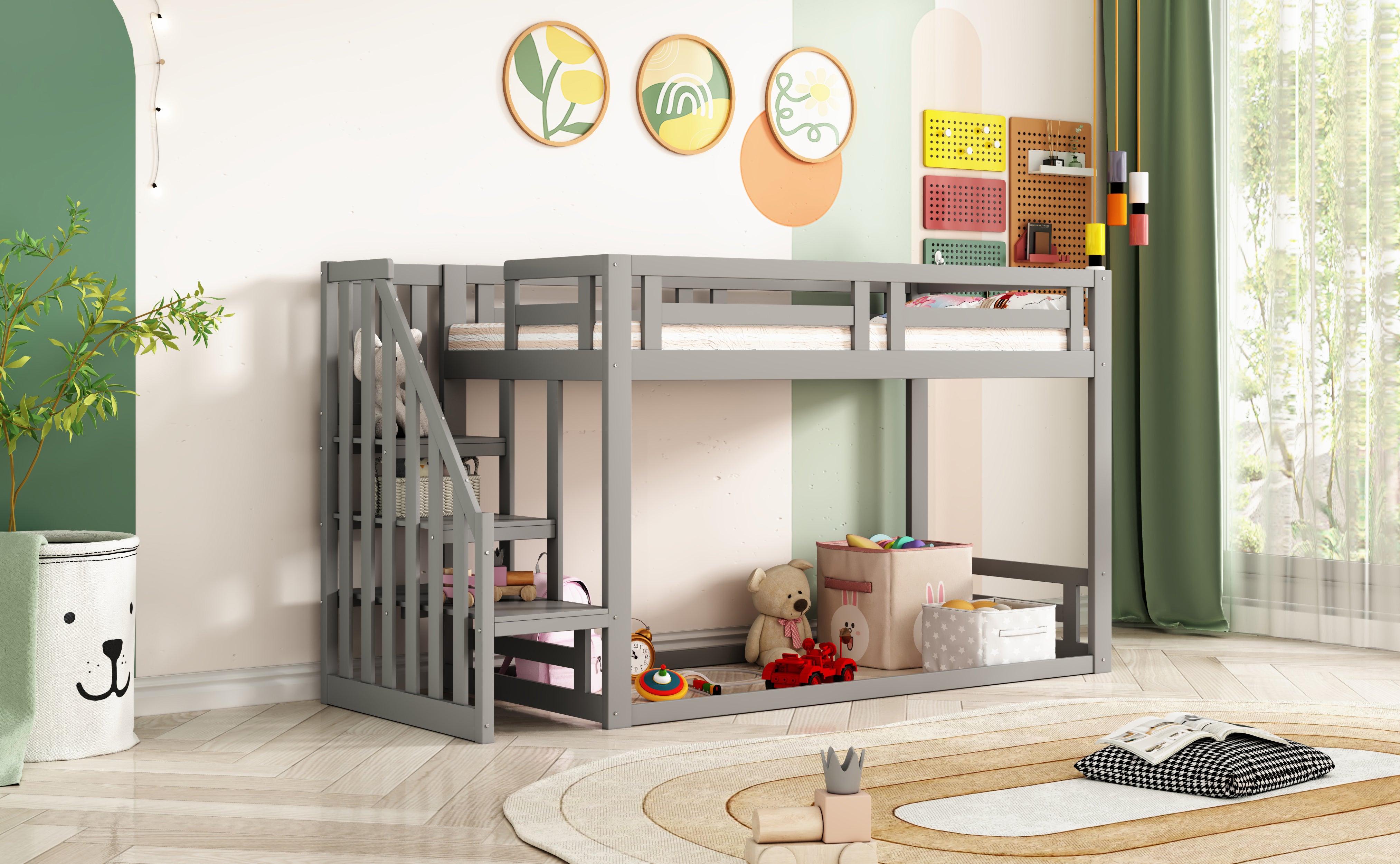 Children's Bed, Low Bunk with Safety Stairs, Solid Wood Gray